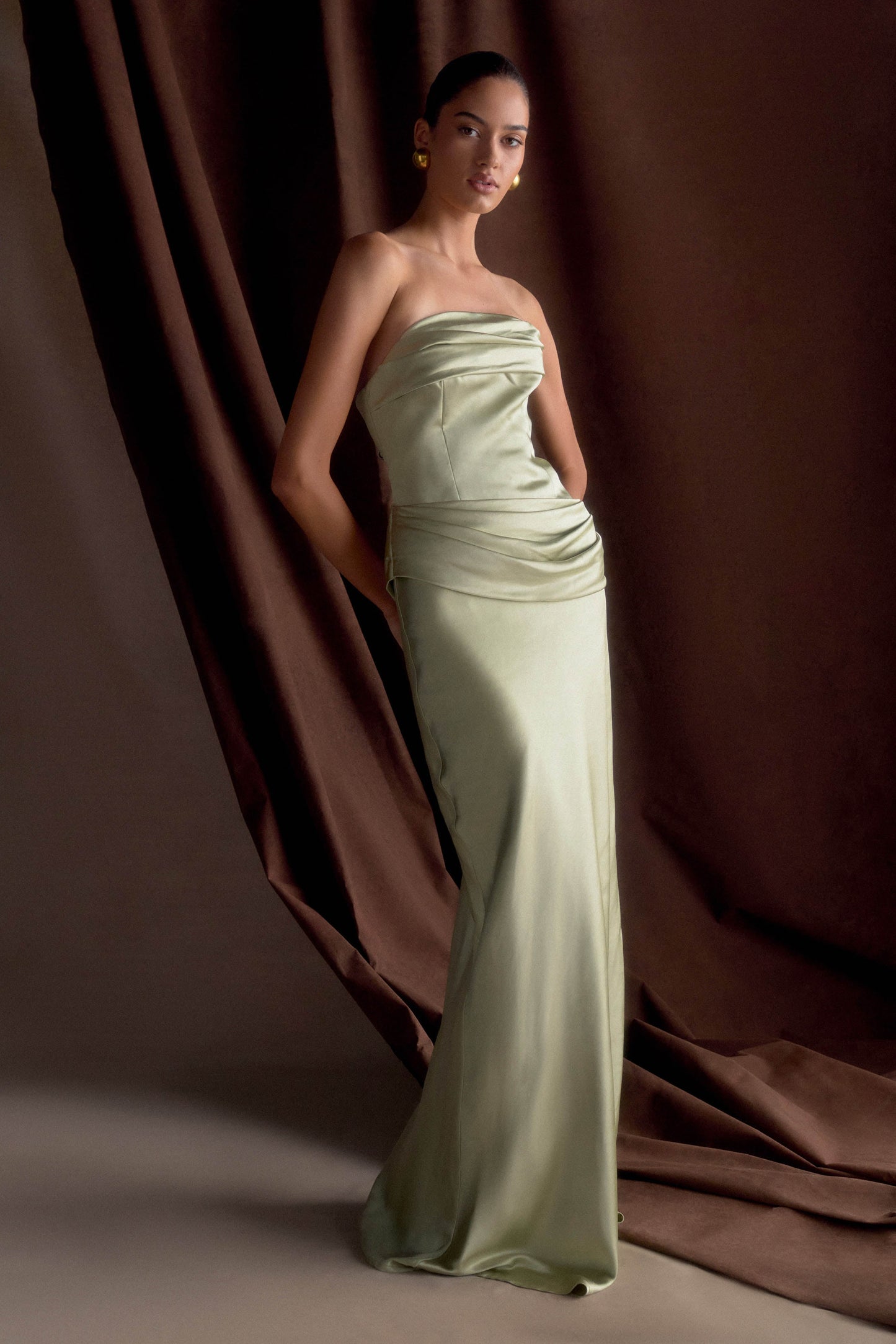 Jasmine Strapless Satin Maxi Dress - Sage