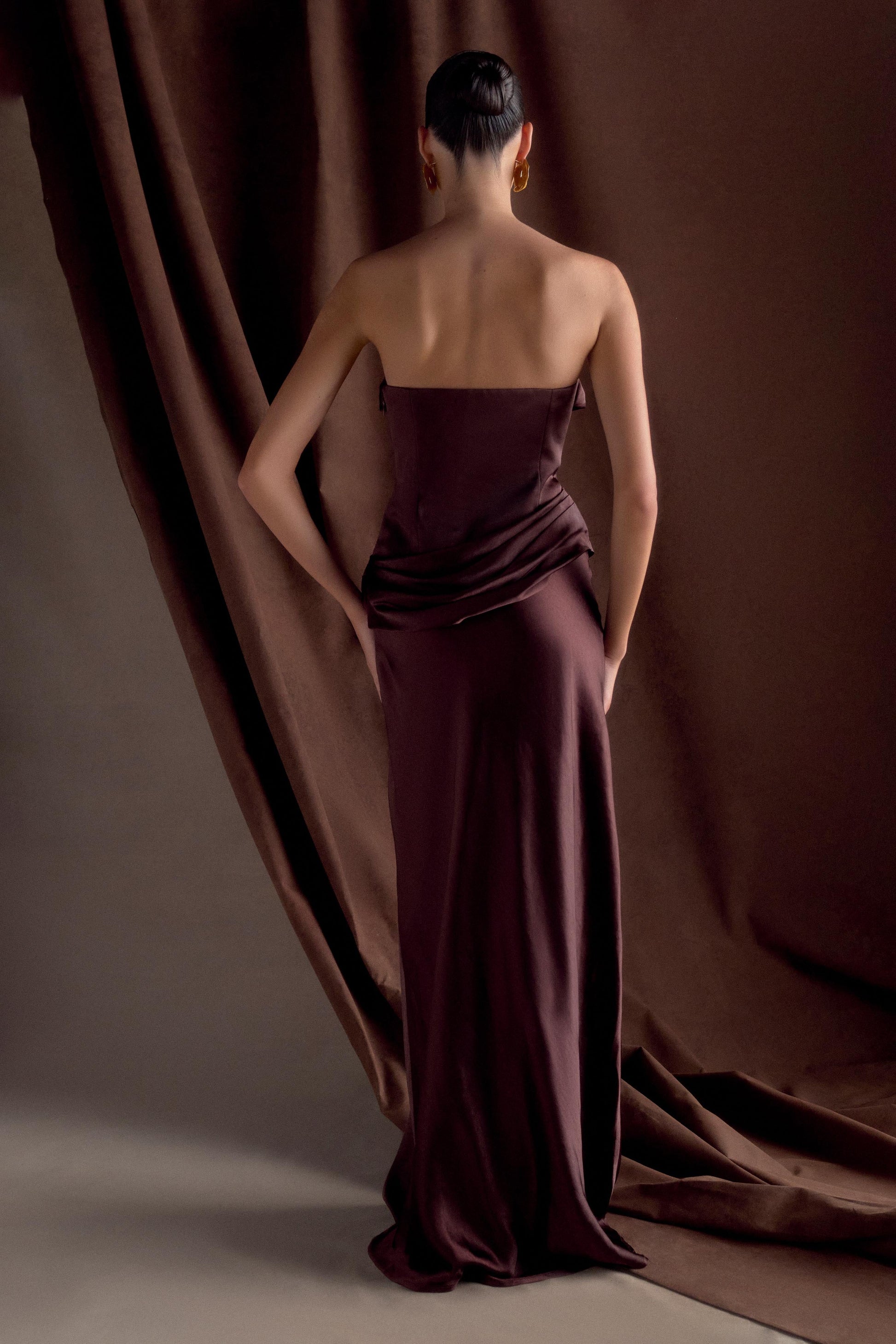 Jasmine Strapless Satin Maxi Dress - Dark Chocolate - View 3 | Shop Formal Dress
