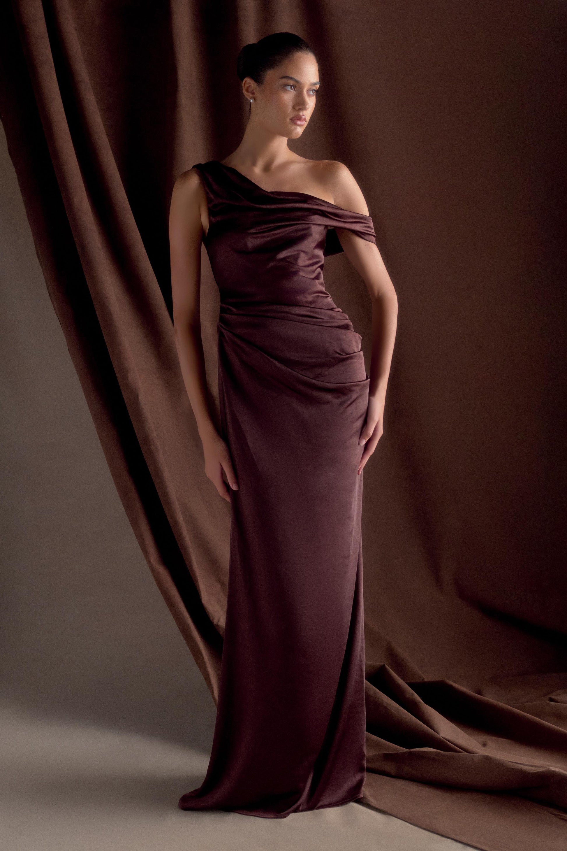 Collective Dress - Dalia Off Shoulder Satin Maxi Dress - Dark Chocolate image 6
