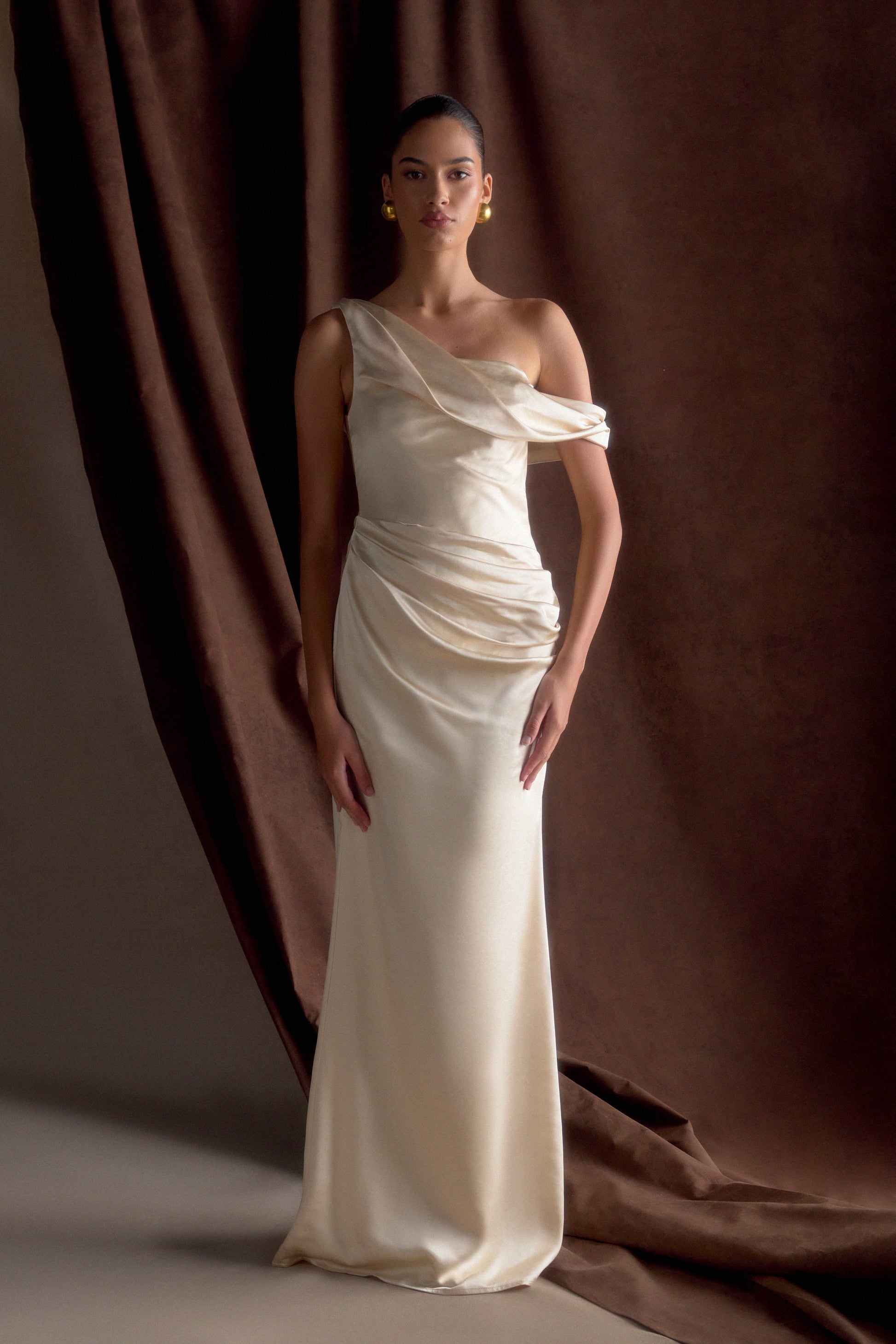 Collective Dress - Dalia Off Shoulder Satin Maxi Dress - Blush Gold image 2