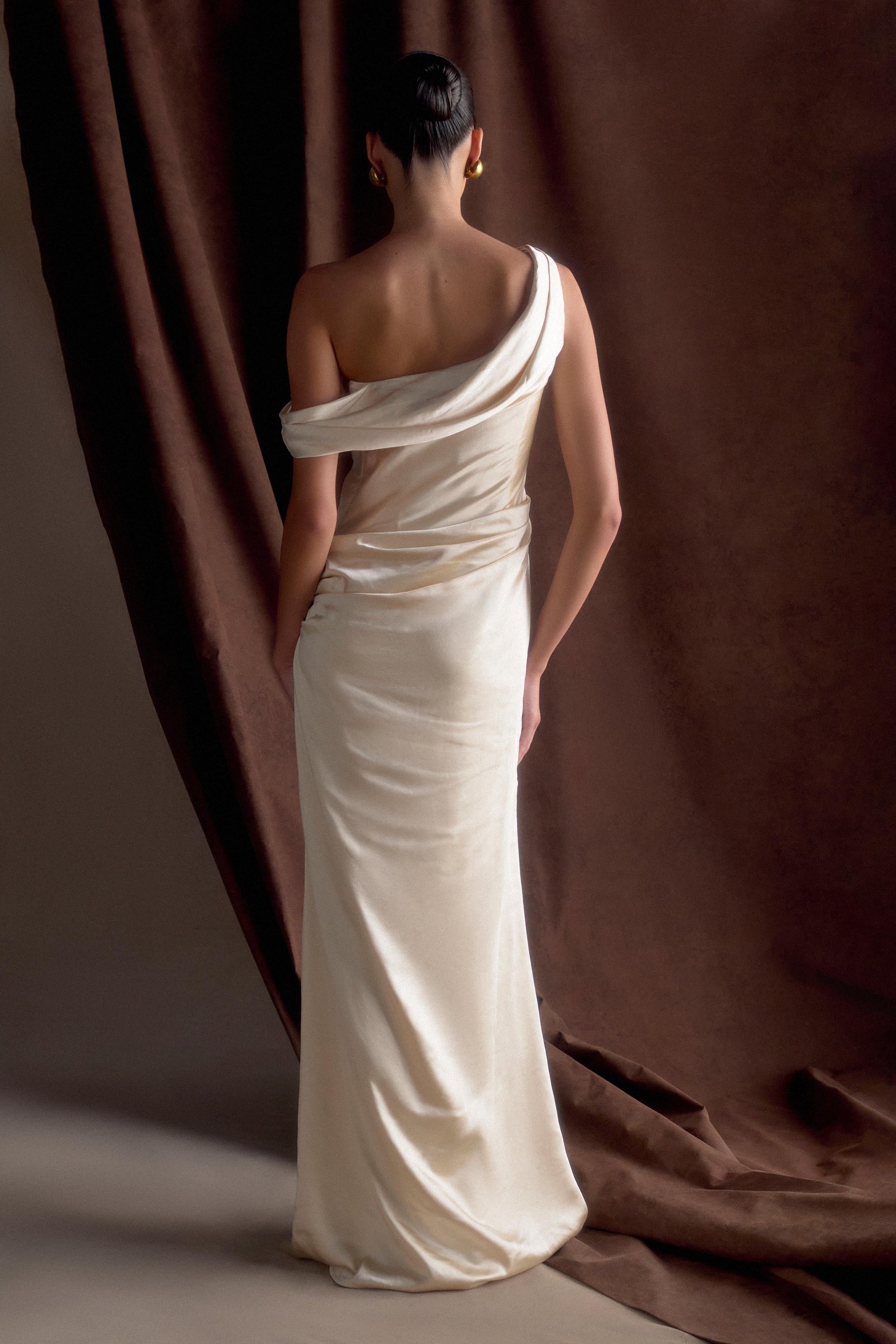 Collective Dress - Dalia Off Shoulder Satin Maxi Dress - Blush Gold image 3