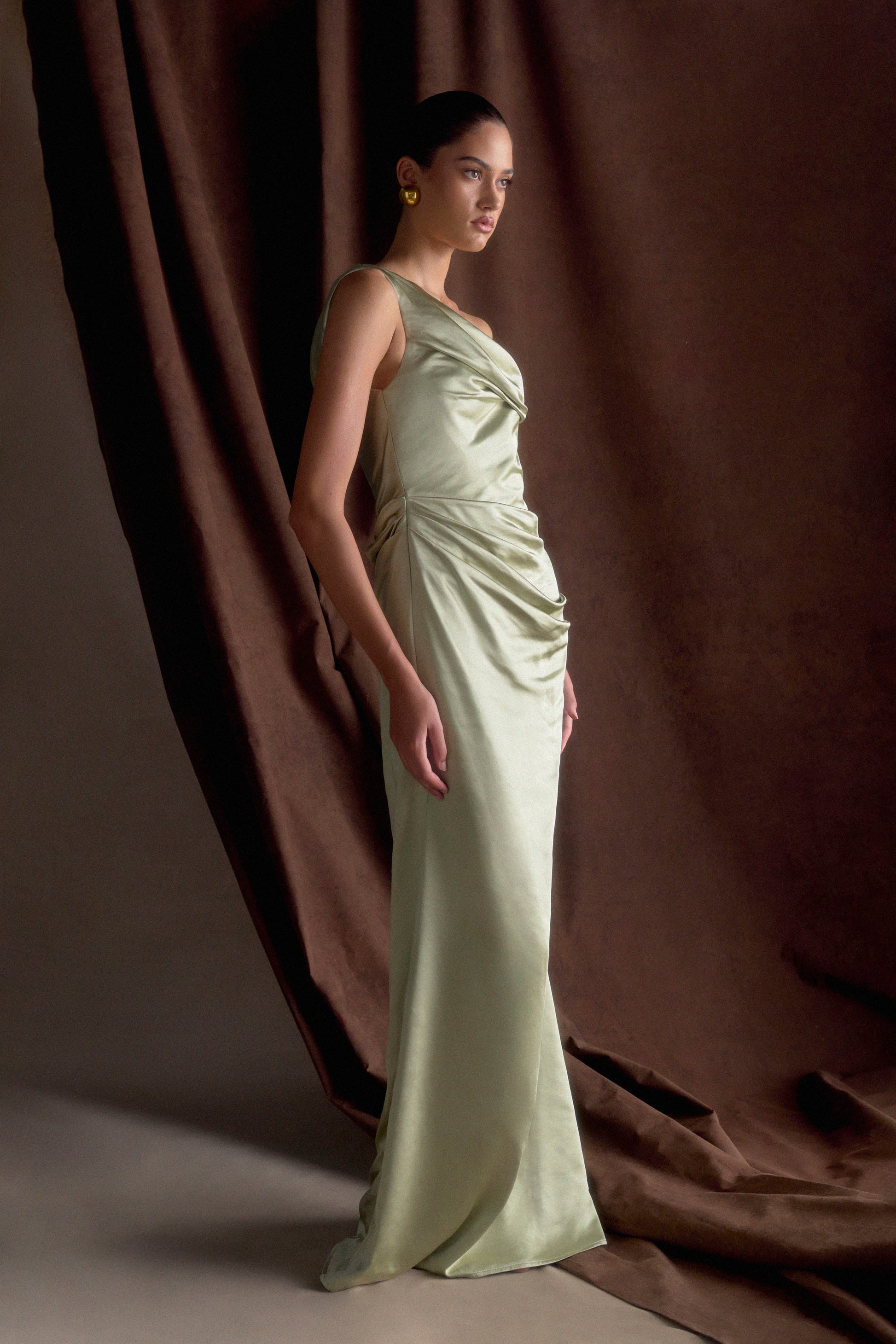 Dalia Off Shoulder Satin Maxi Dress - Sage - View 5 | Shop Formal Dress