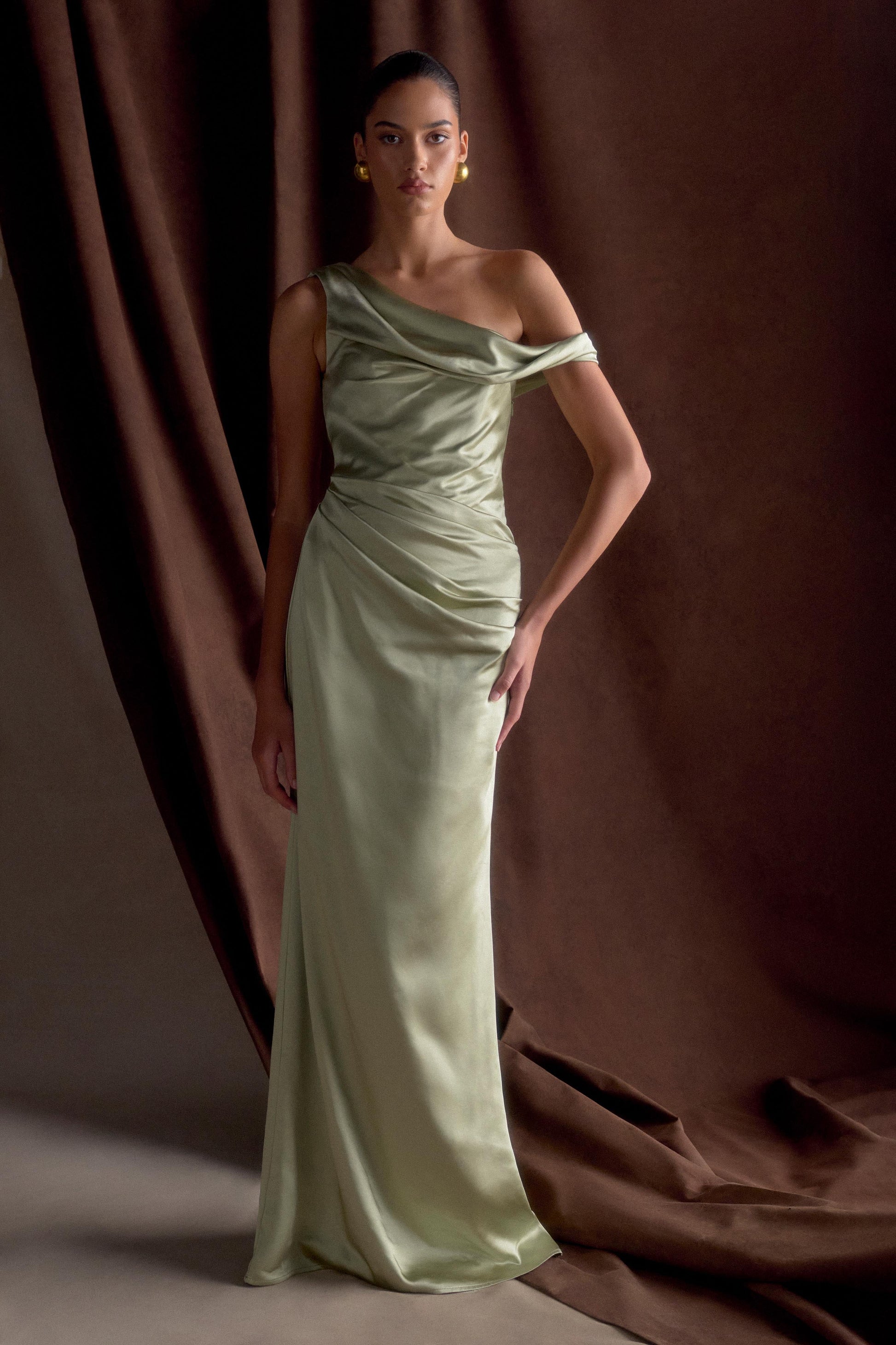 Dalia Off Shoulder Satin Maxi Dress - Sage - View 1 | Shop Formal Dress