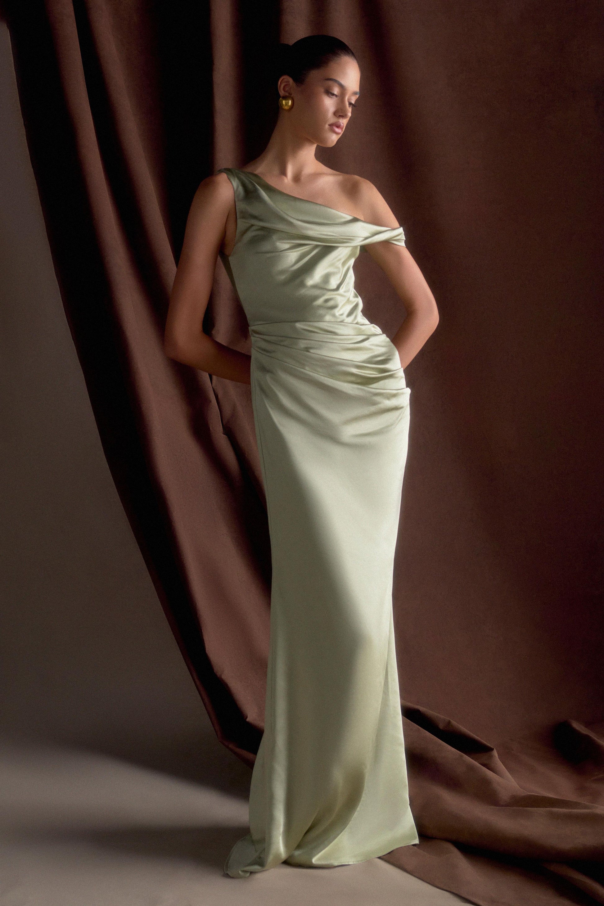 Dalia Off Shoulder Satin Maxi Dress - Sage - View 6 | Shop Formal Dress