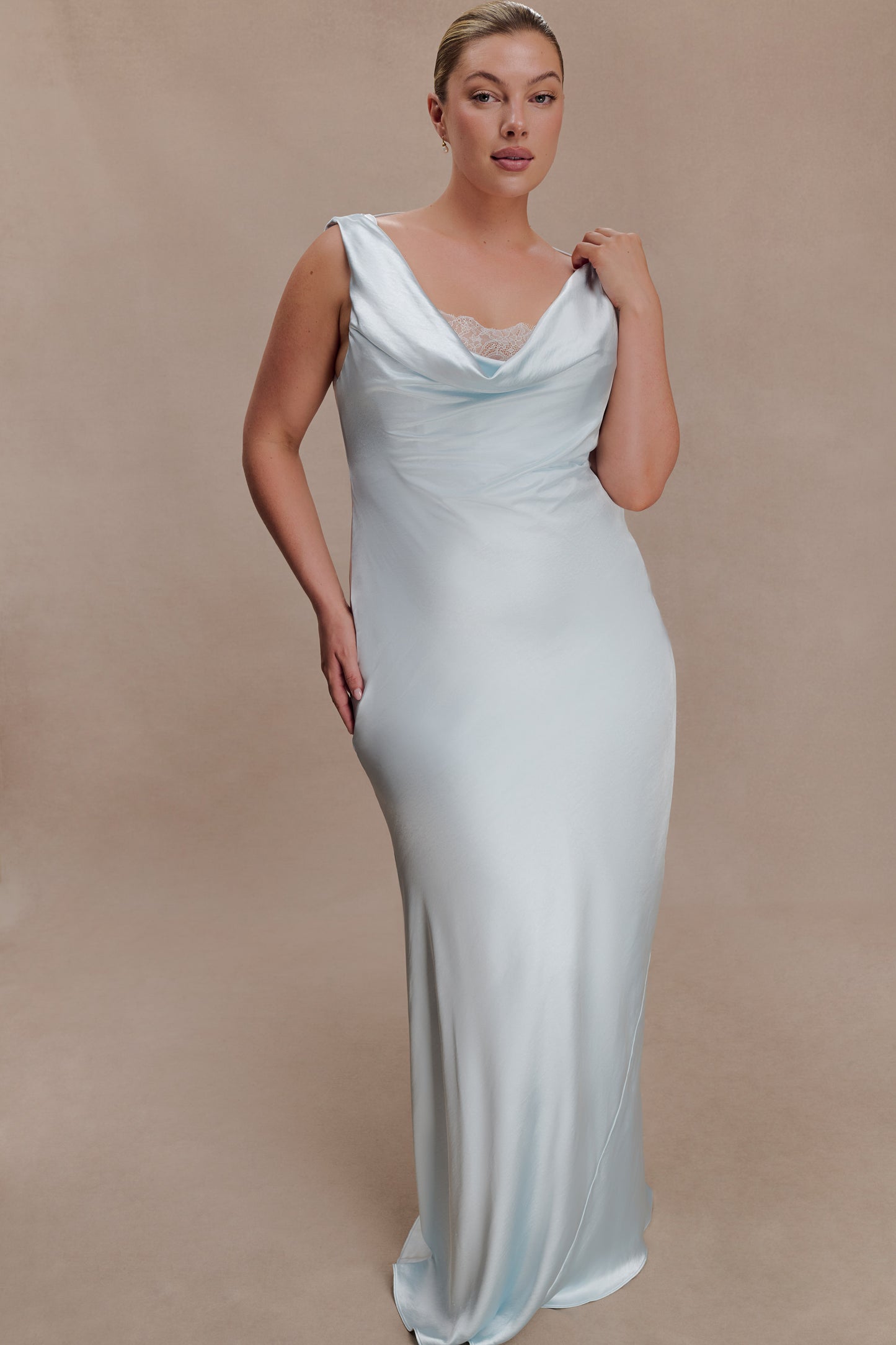 Ashley Cowl Neck Lace And Satin Maxi Dress - Ice Blue
