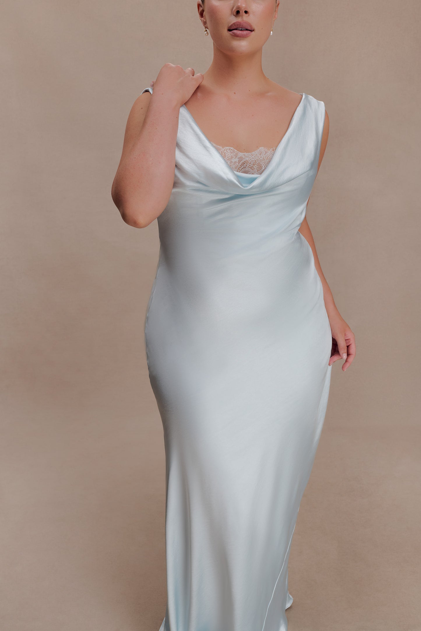 Ashley Cowl Neck Lace And Satin Maxi Dress - Ice Blue