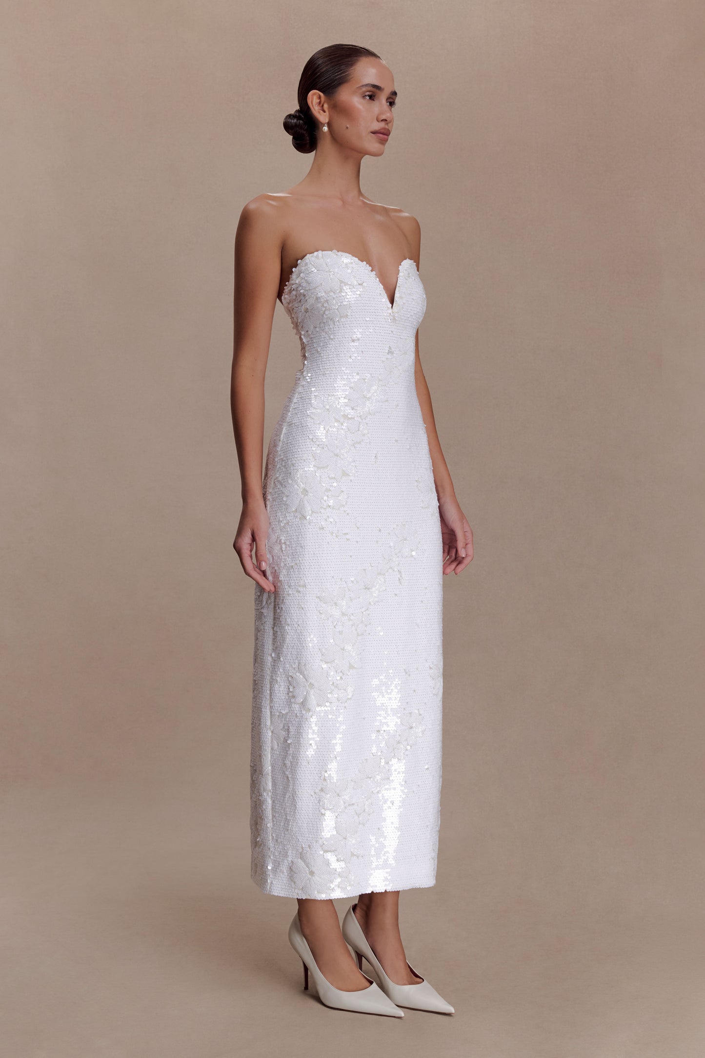 Maisie Strapless Sequin Midi Dress - White