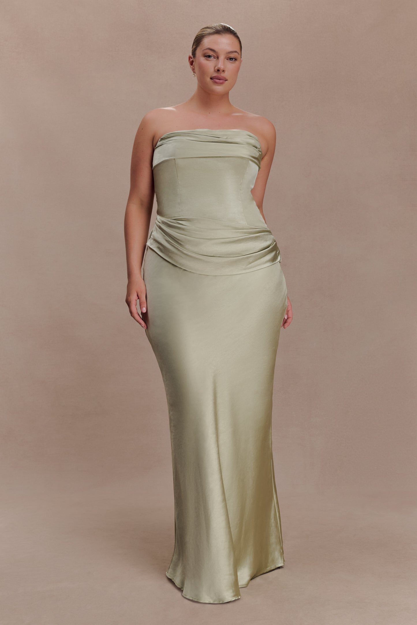 Jasmine Strapless Satin Maxi Dress - Sage