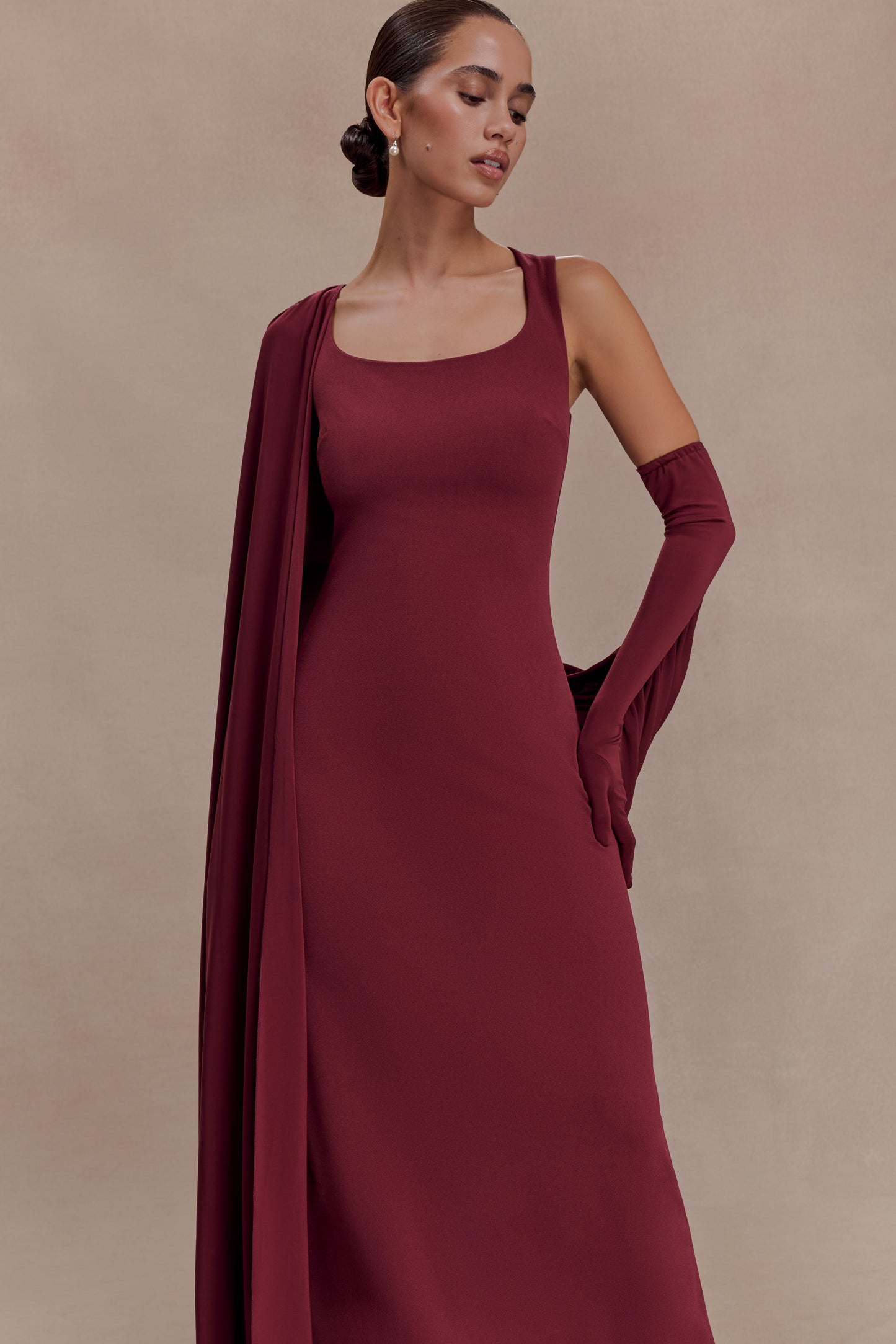 Rhea Detachable Cape Jersey Maxi Dress - Wine