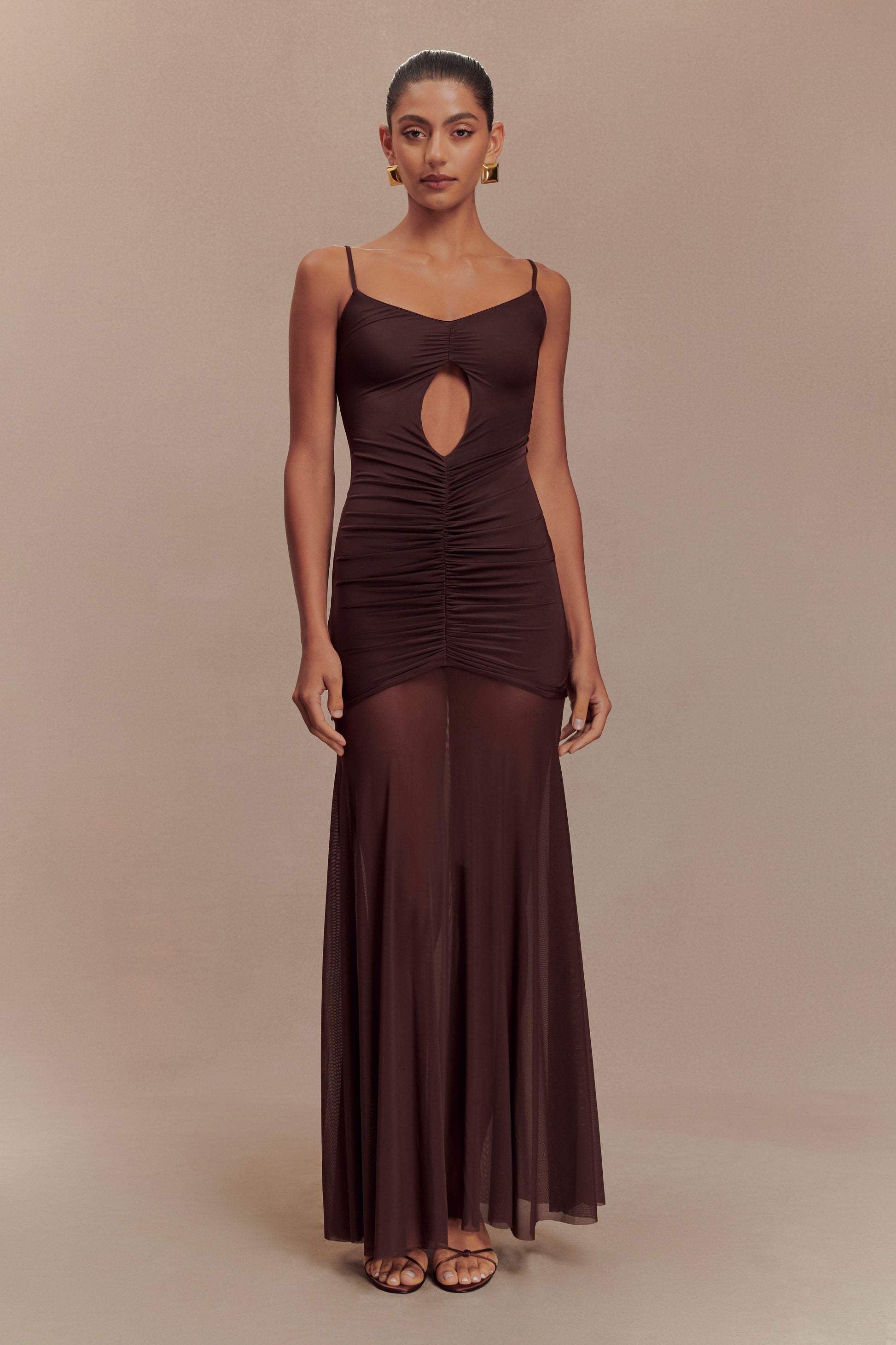 Collective Dress - Delaney Slinky And Mesh Maxi Dress - Chocolate image 1