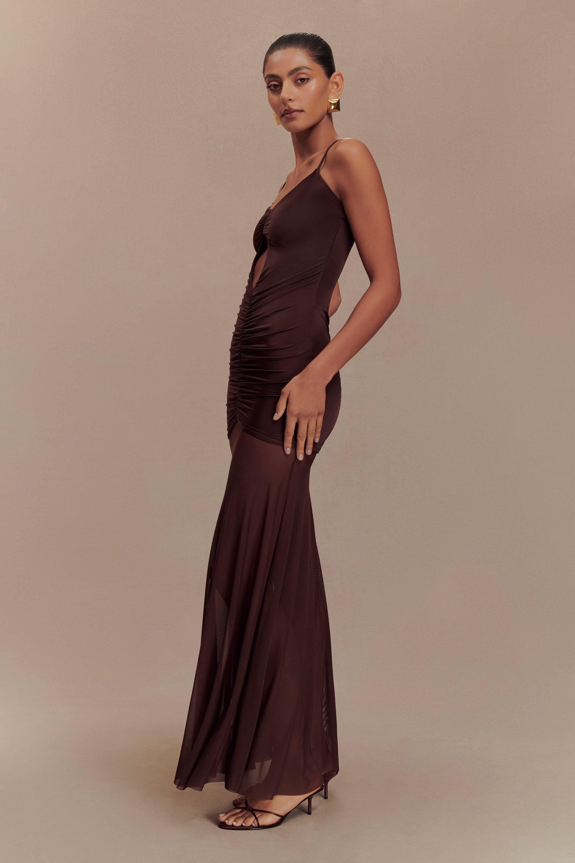 Collective Dress - Delaney Slinky And Mesh Maxi Dress - Chocolate image 4