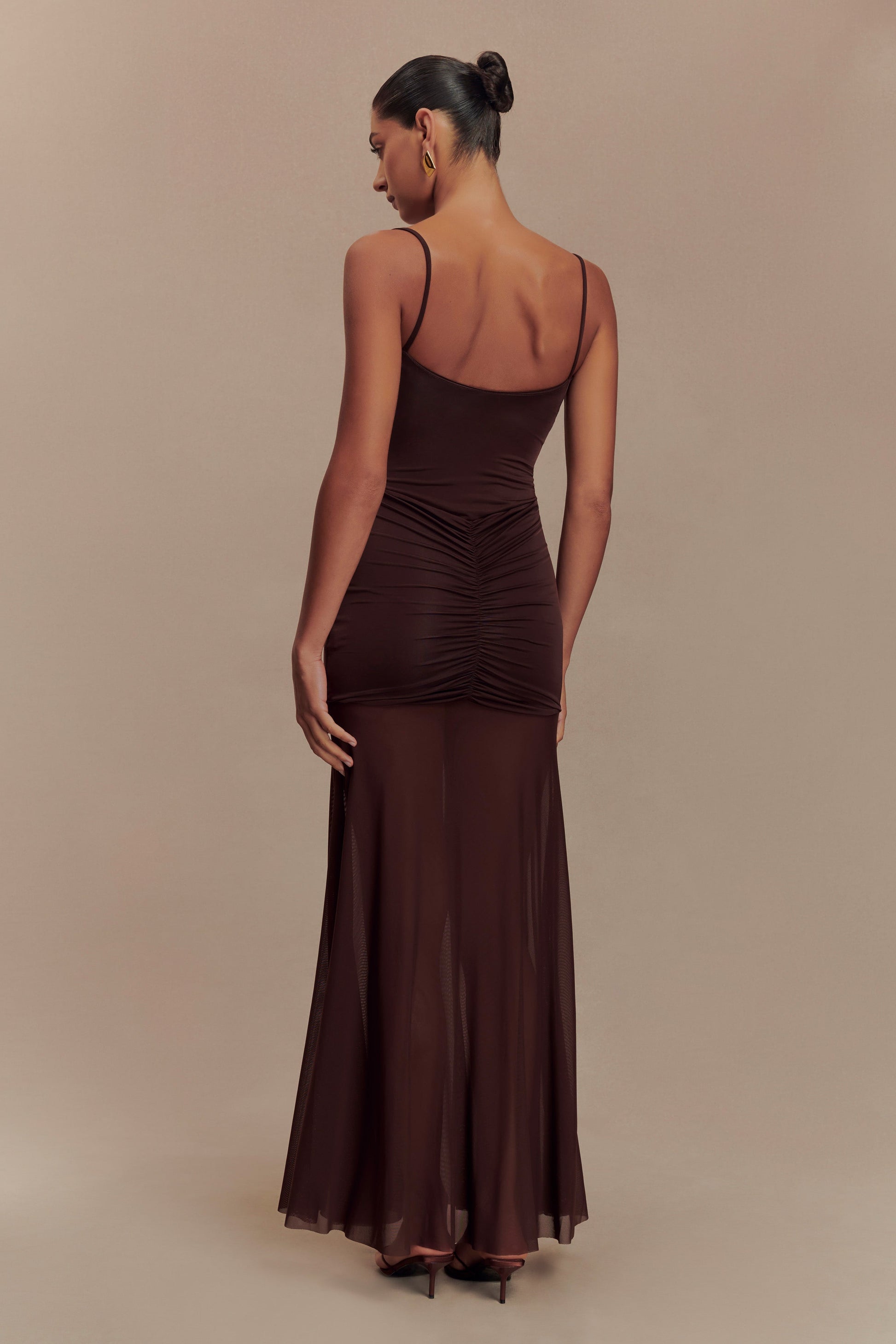 Collective Dress - Delaney Slinky And Mesh Maxi Dress - Chocolate image 3