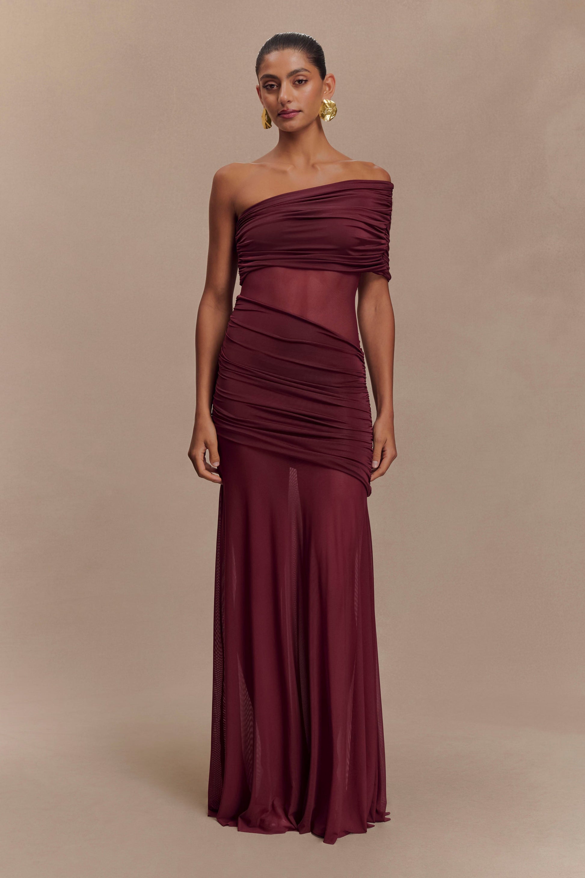 Dallas One Shoulder Mesh Maxi Dress - Burgundy - View 1 | Shop Formal Dress