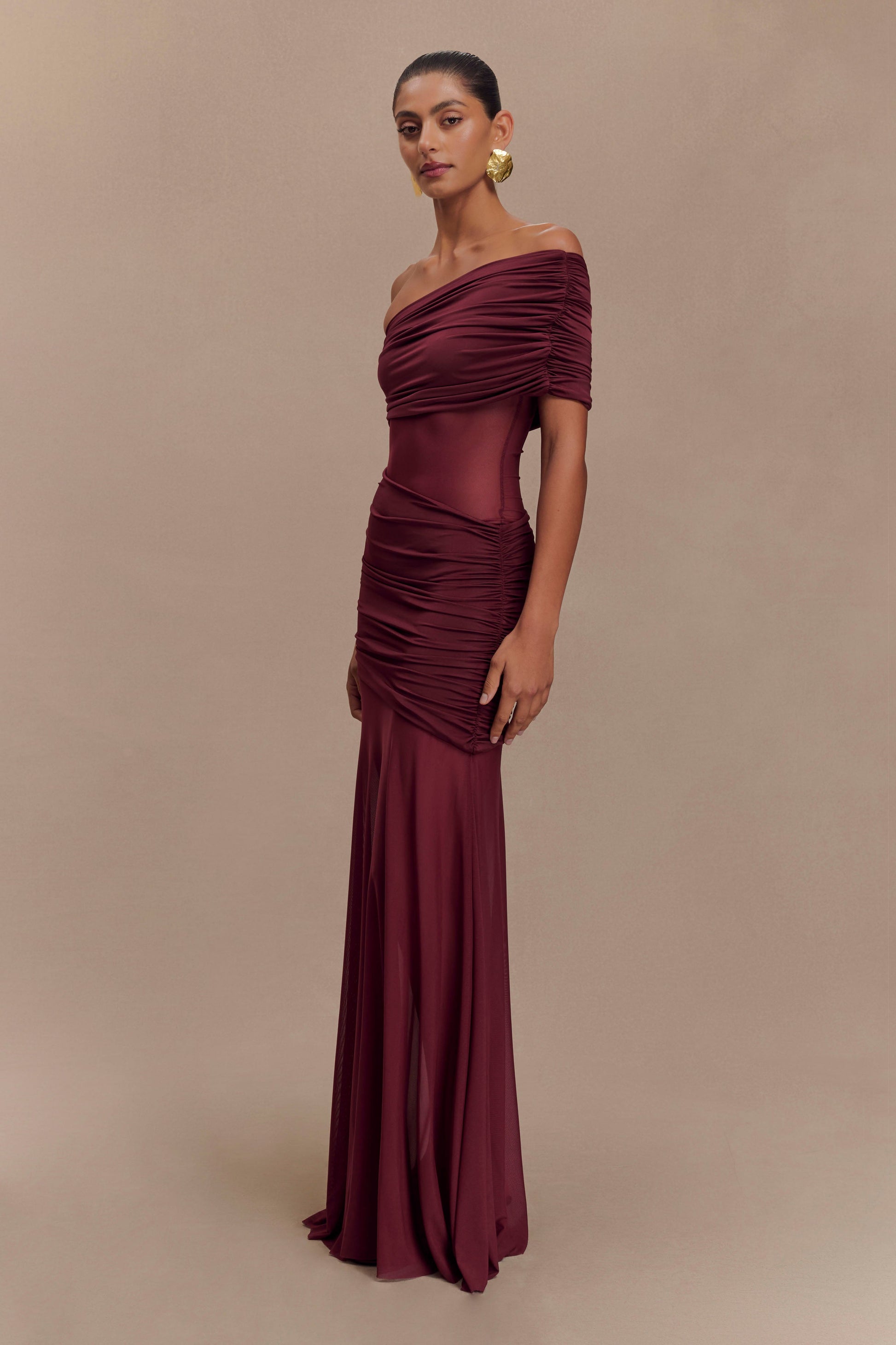 Dallas One Shoulder Mesh Maxi Dress - Burgundy - View 5 | Shop Formal Dress