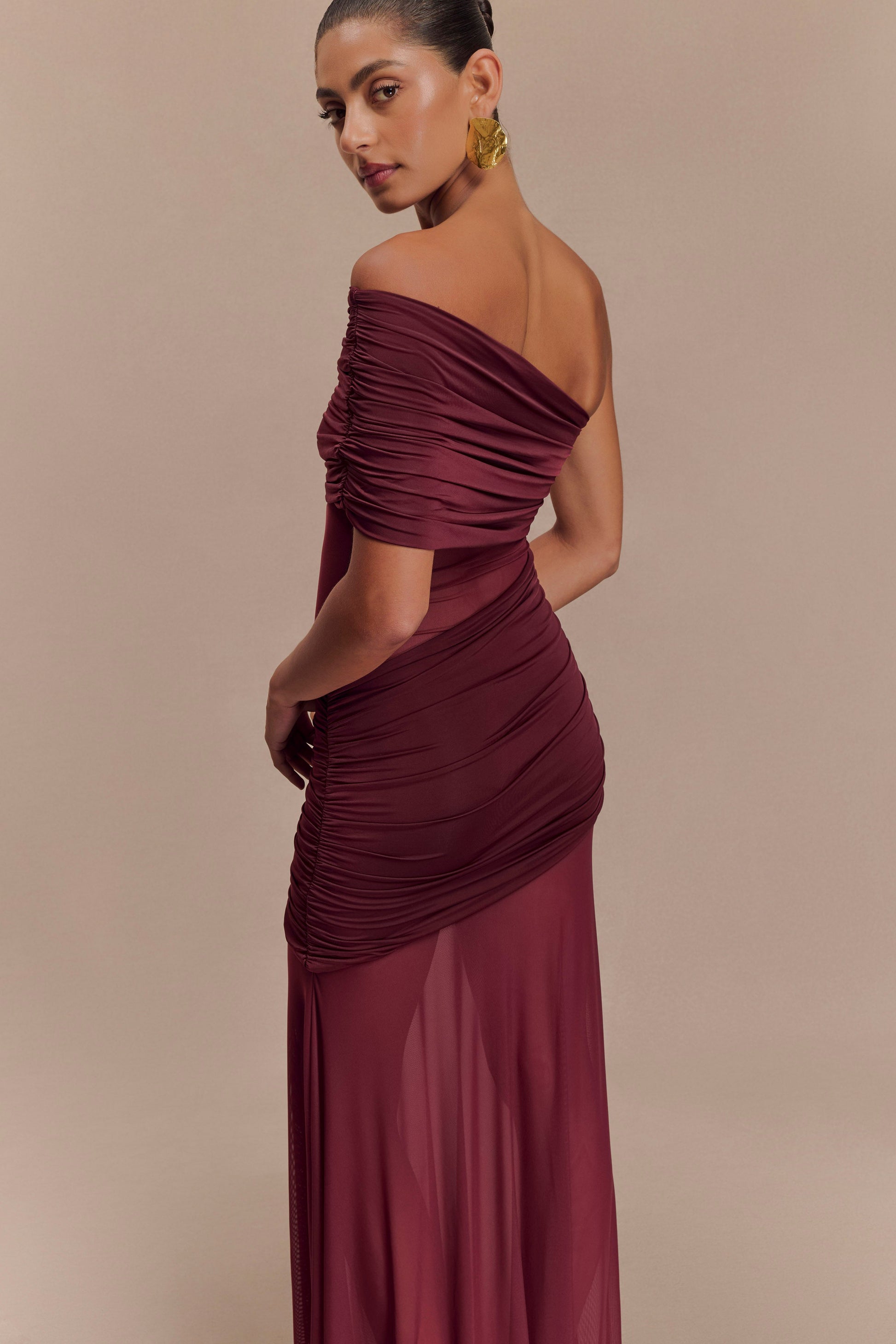 Dallas One Shoulder Mesh Maxi Dress - Burgundy - View 6 | Shop Formal Dress