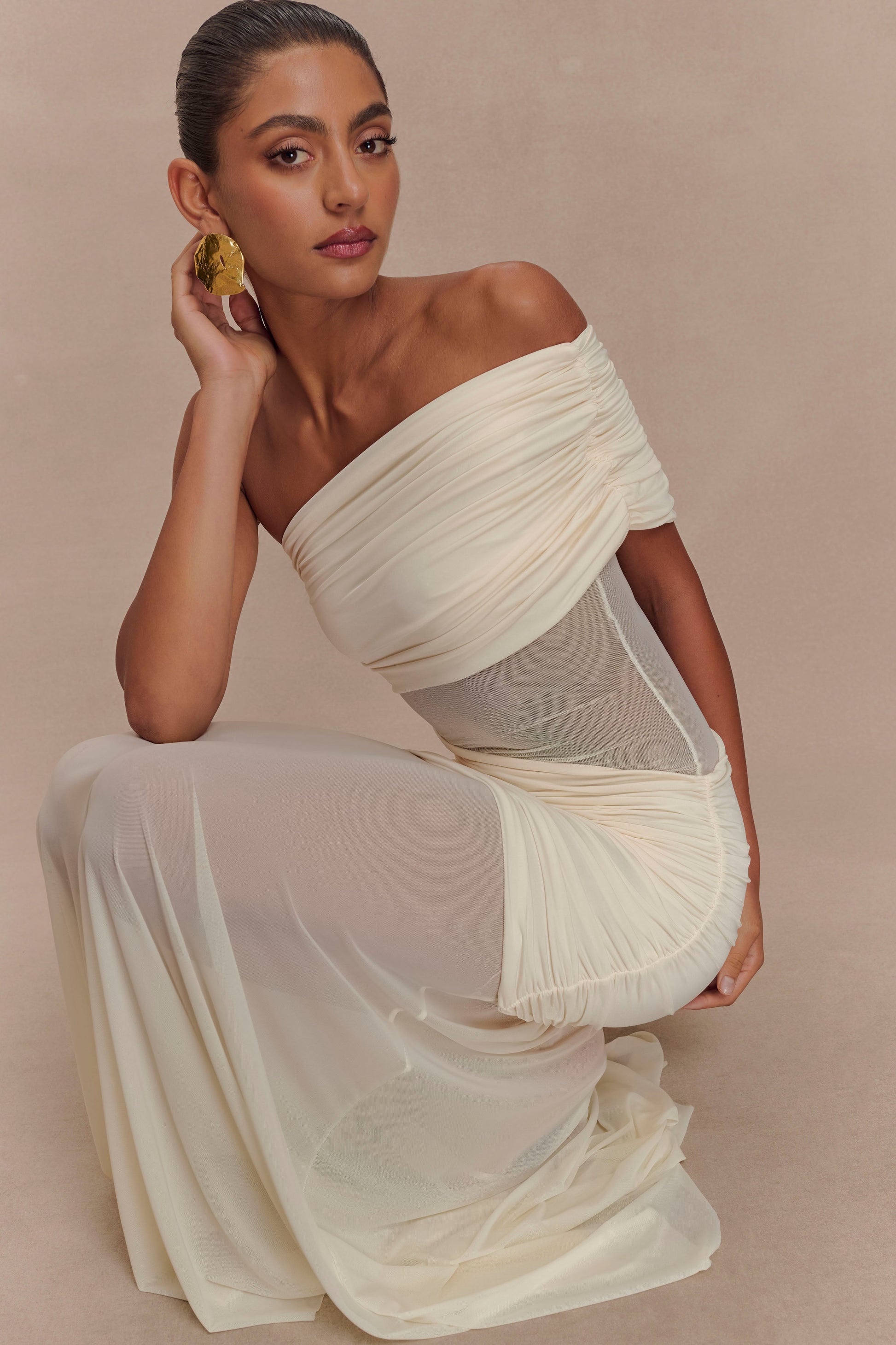 Dallas One Shoulder Mesh Maxi Dress - Ivory - View 6 | Shop Formal Dress