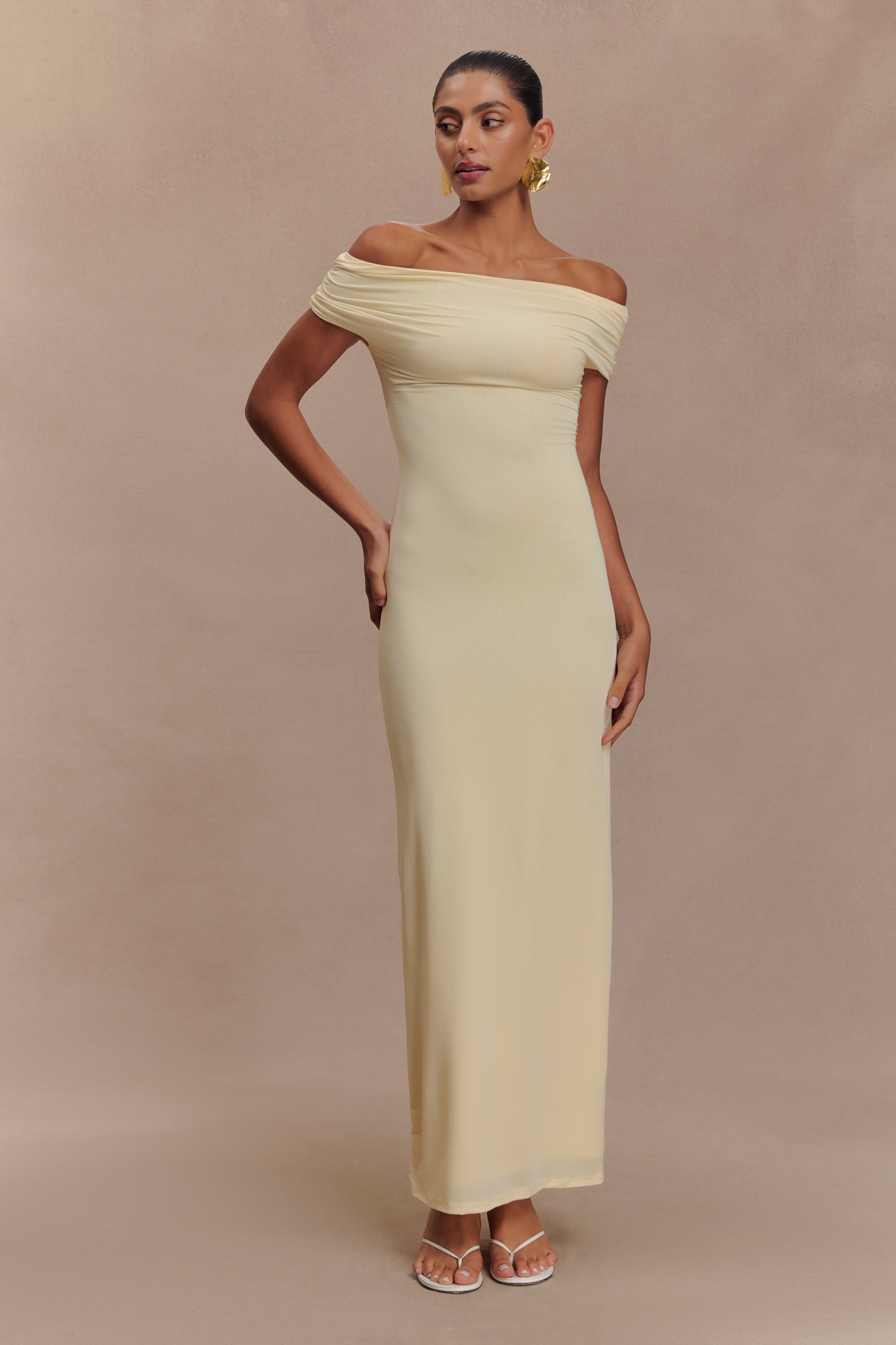 Collective Dress - Imogen Off Shoulder Slinky Maxi Dress - Lemon image 1