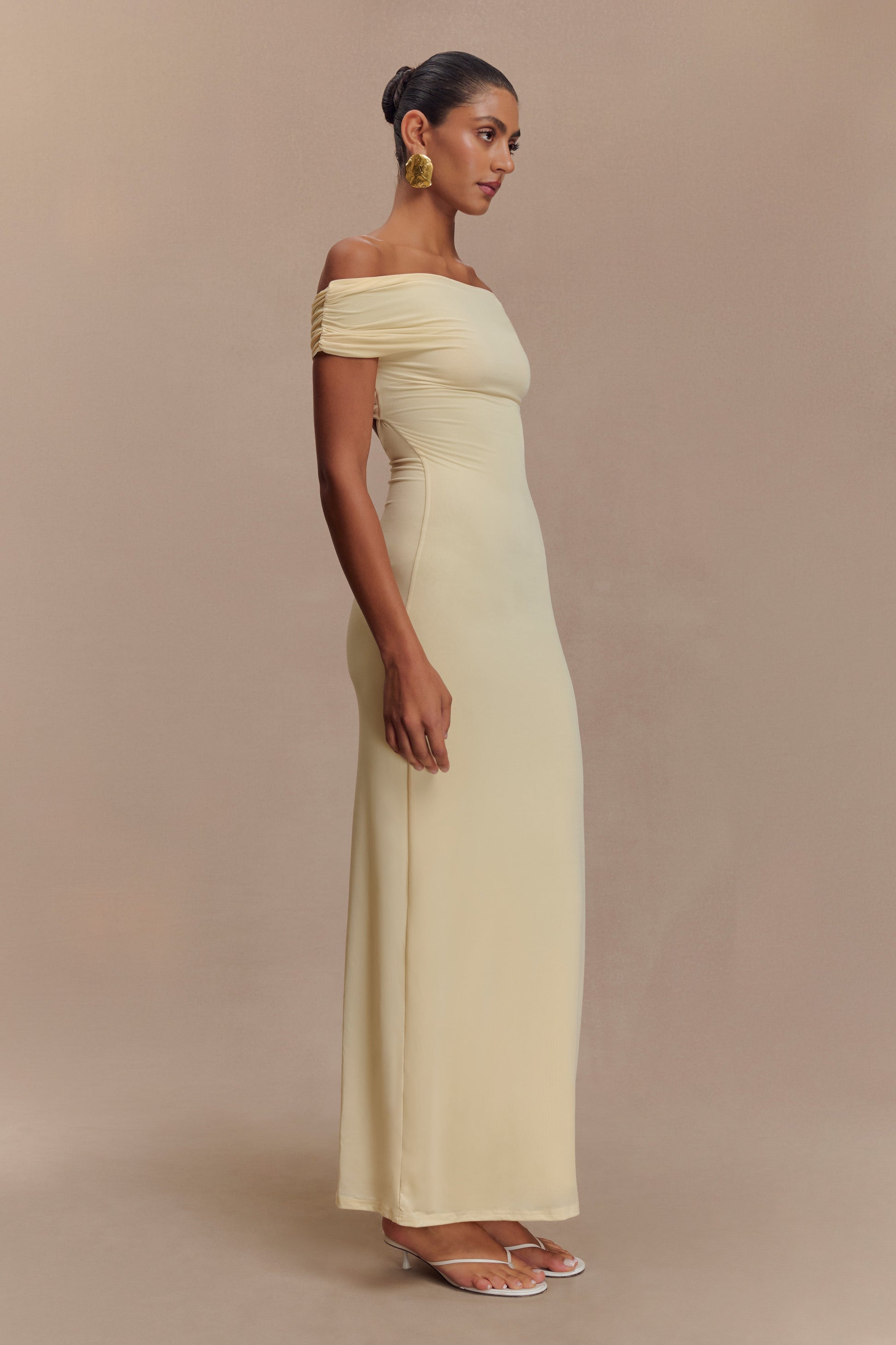 Collective Dress - Imogen Off Shoulder Slinky Maxi Dress - Lemon image 4