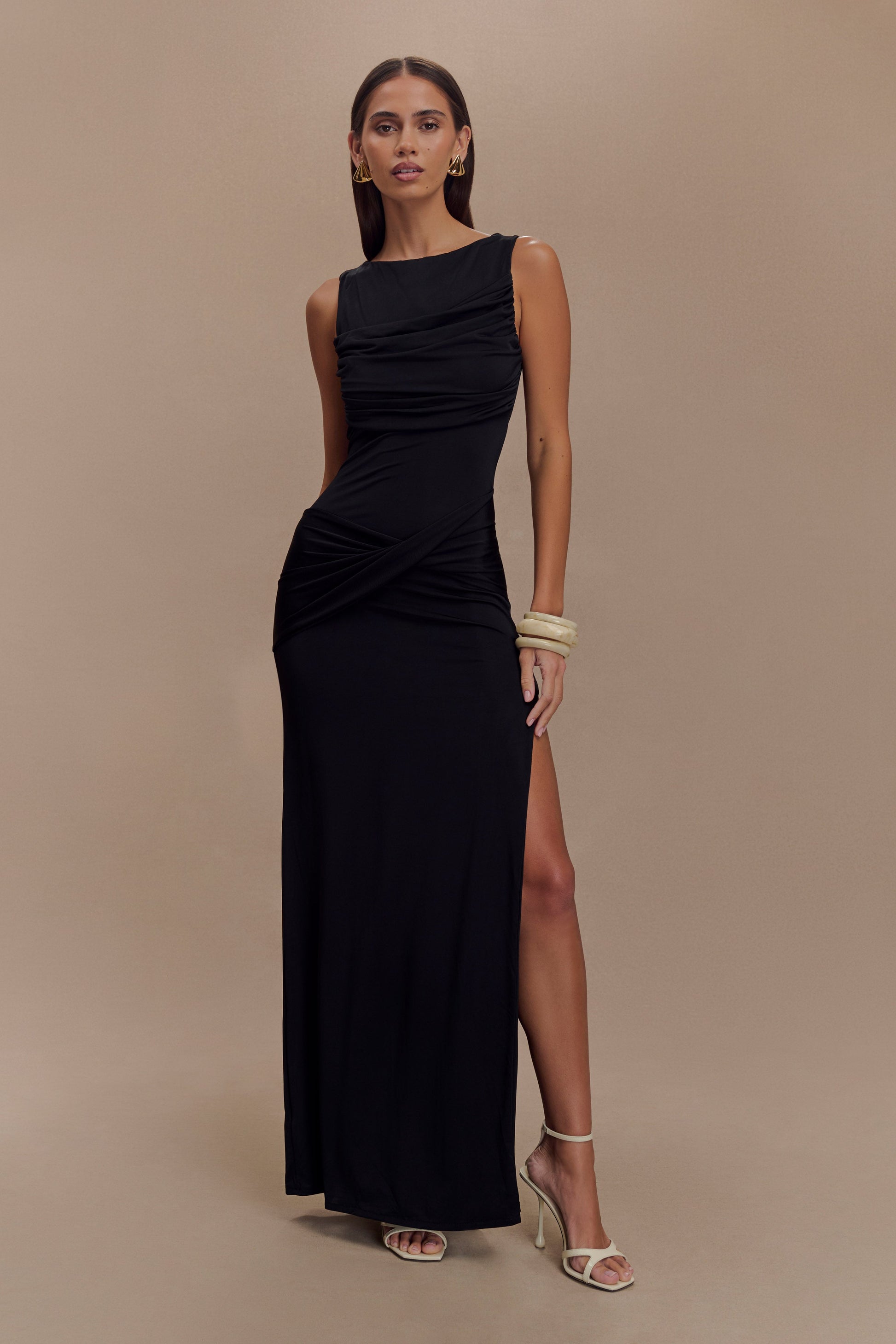 Collective Dress - Henley Slinky Drape Maxi Dress - Black image 2