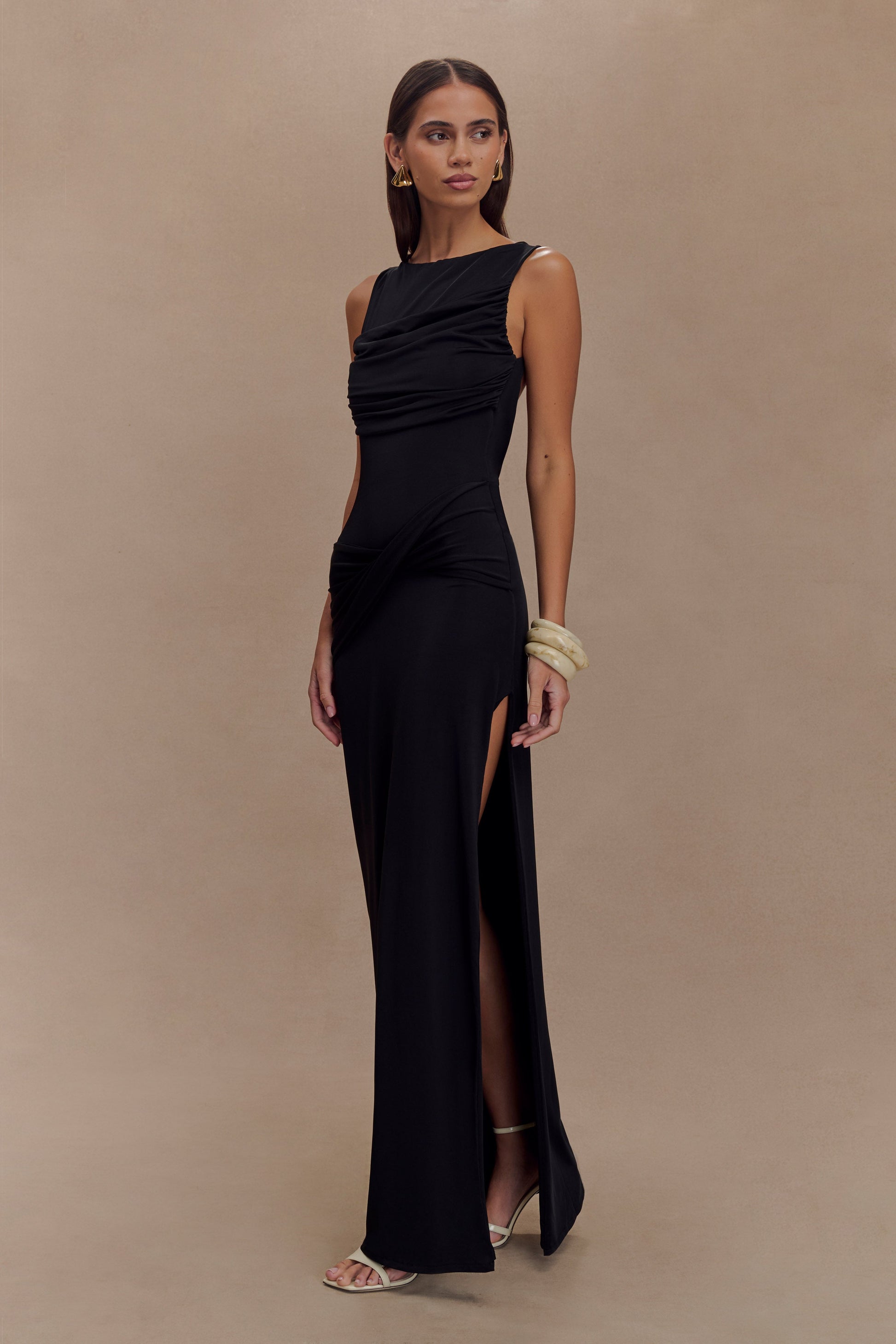 Collective Dress - Henley Slinky Drape Maxi Dress - Black image 5