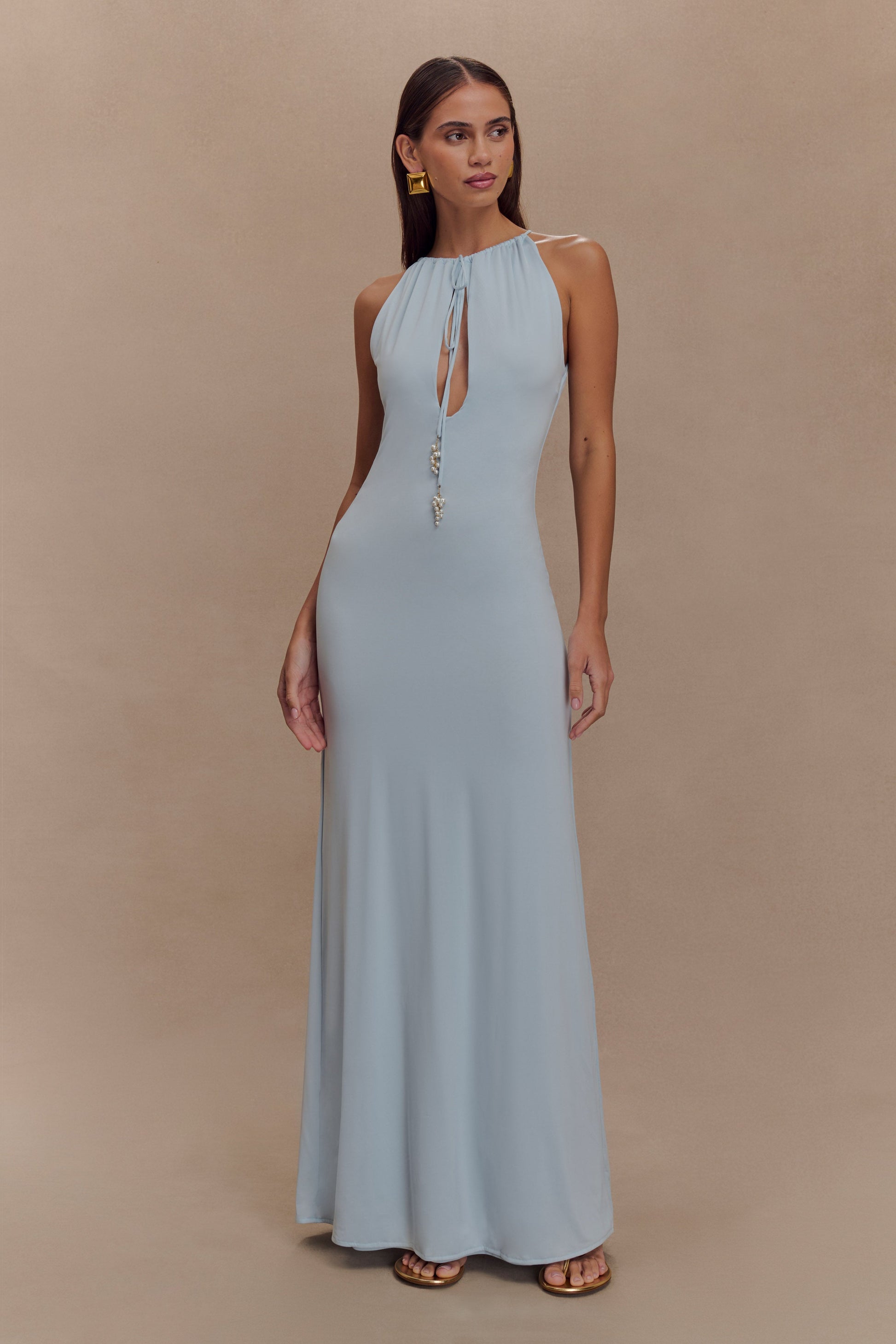 Beryl Slinky Maxi Dress With Pearls - Pale Blue - View 2 | Shop Formal Dress