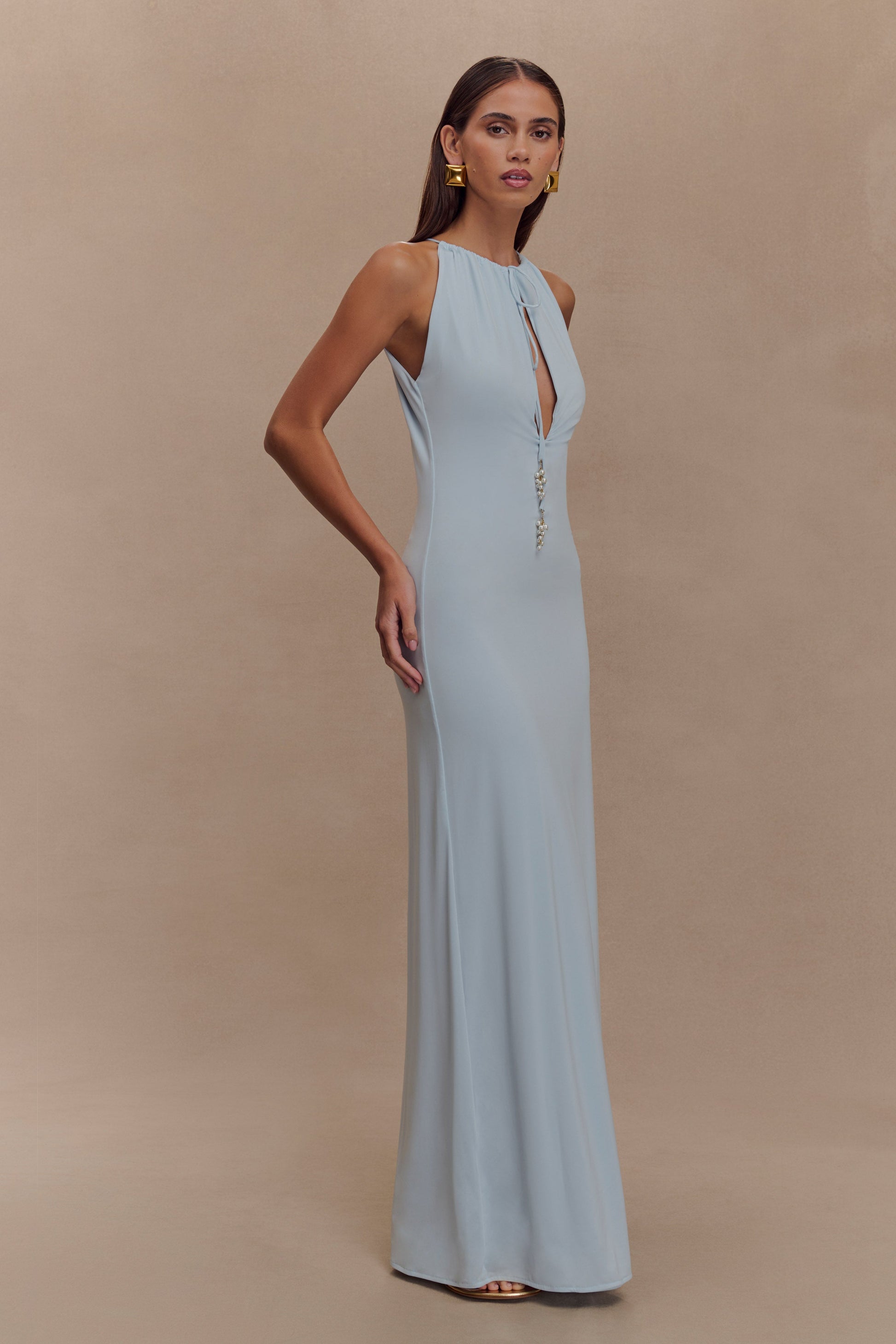 Beryl Slinky Maxi Dress With Pearls - Pale Blue - View 3 | Shop Formal Dress