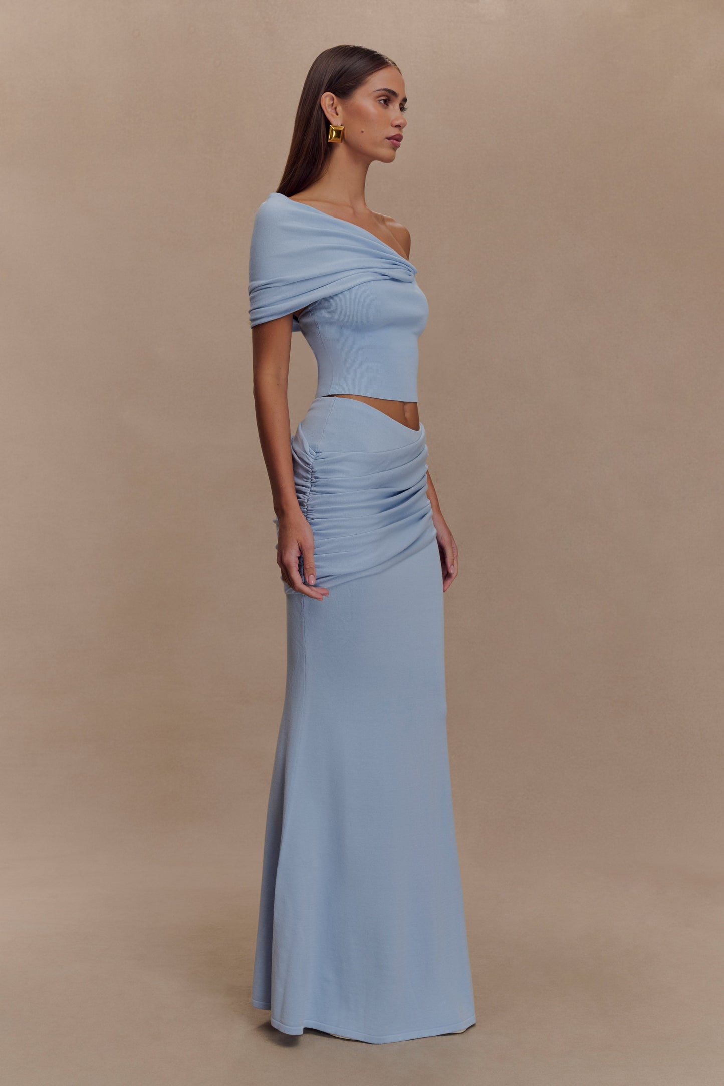 Irene Gathered Knit Maxi Skirt - Blue