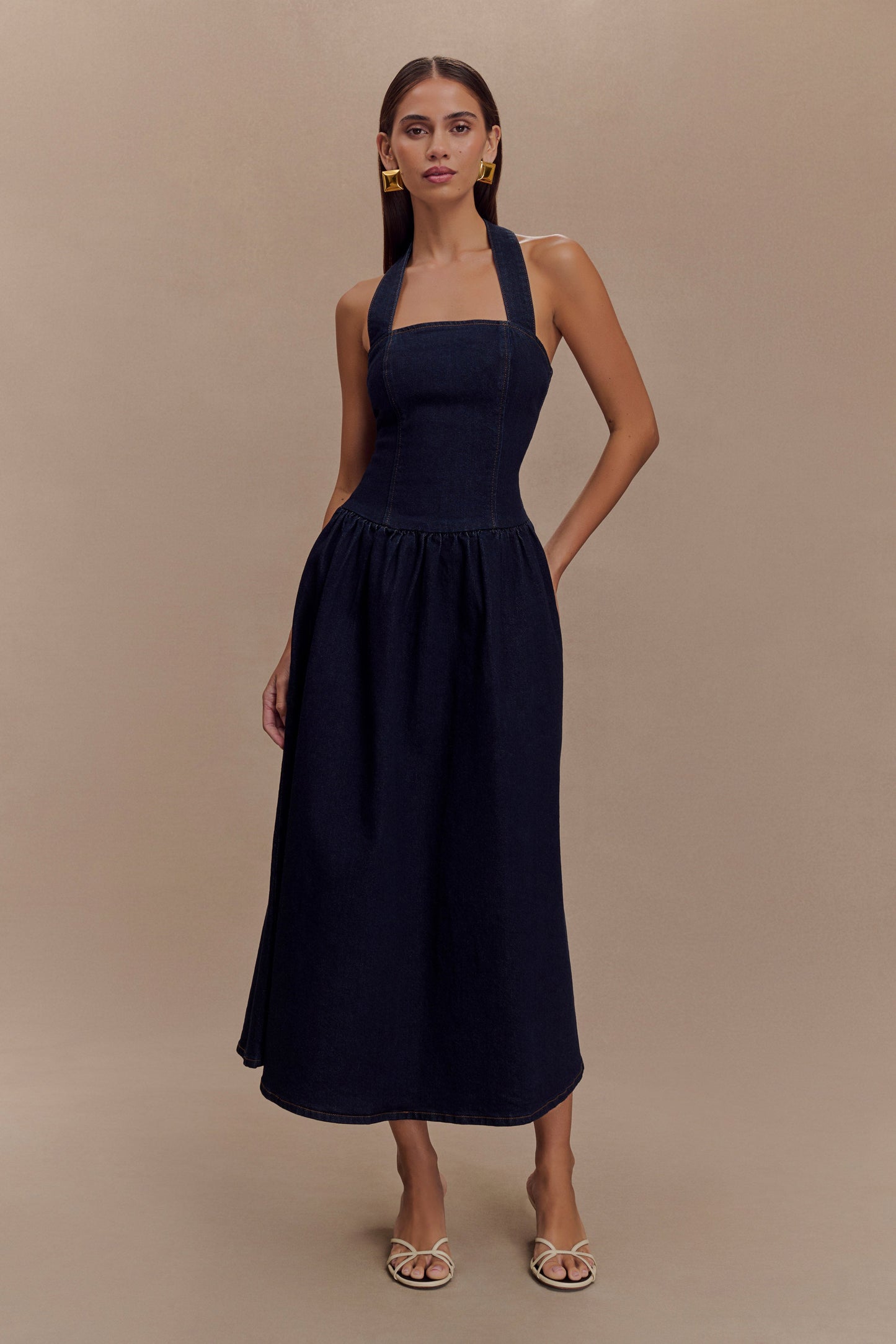 Caroline Denim Halter Midi Dress - Indigo Blue