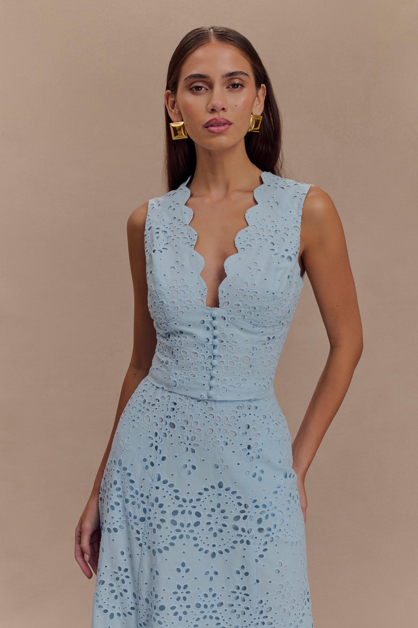 Arla Sleeveless Broderie Top - Pale Cornflower Blue