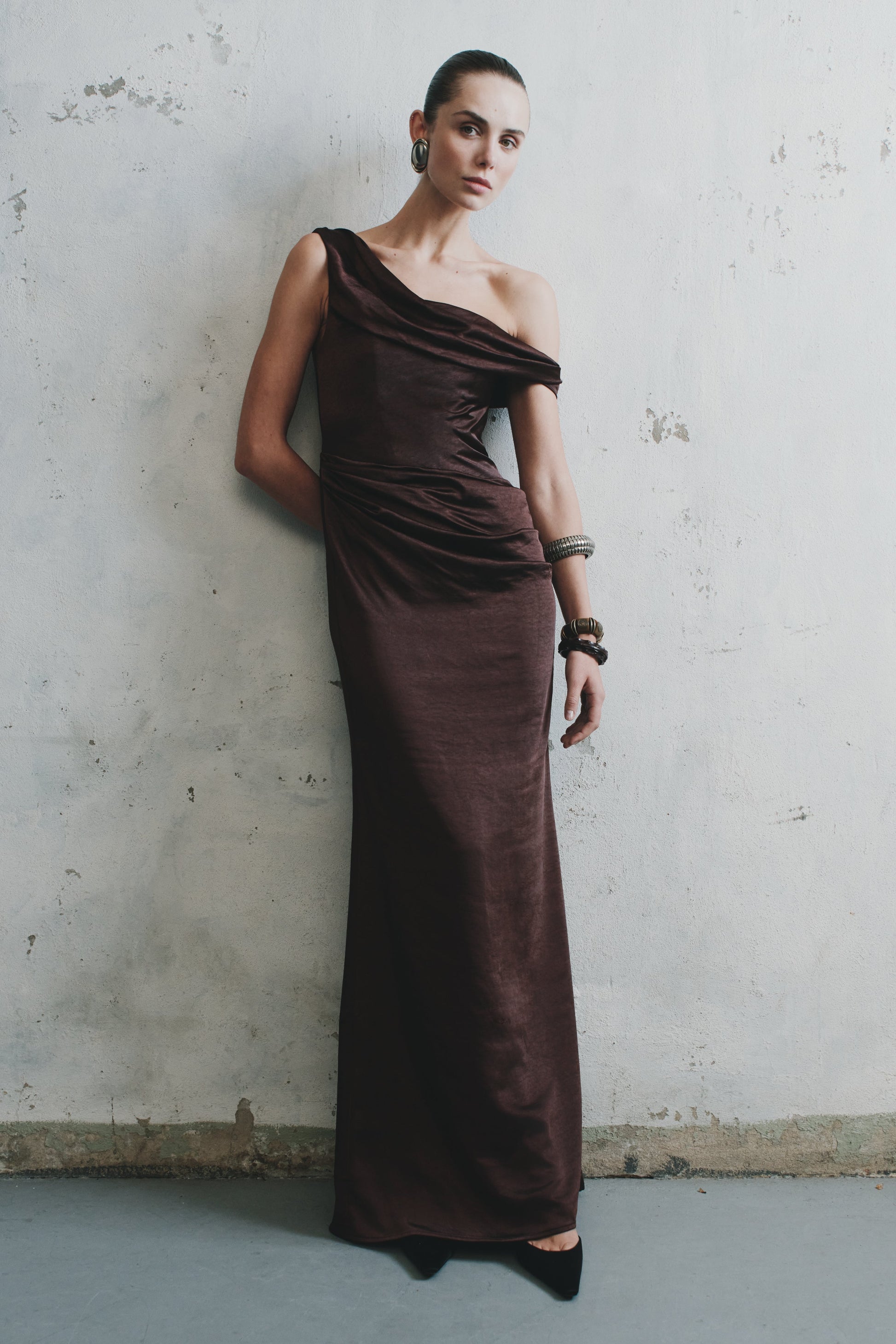 Collective Dress - Dalia Off Shoulder Satin Maxi Dress - Dark Chocolate image 4