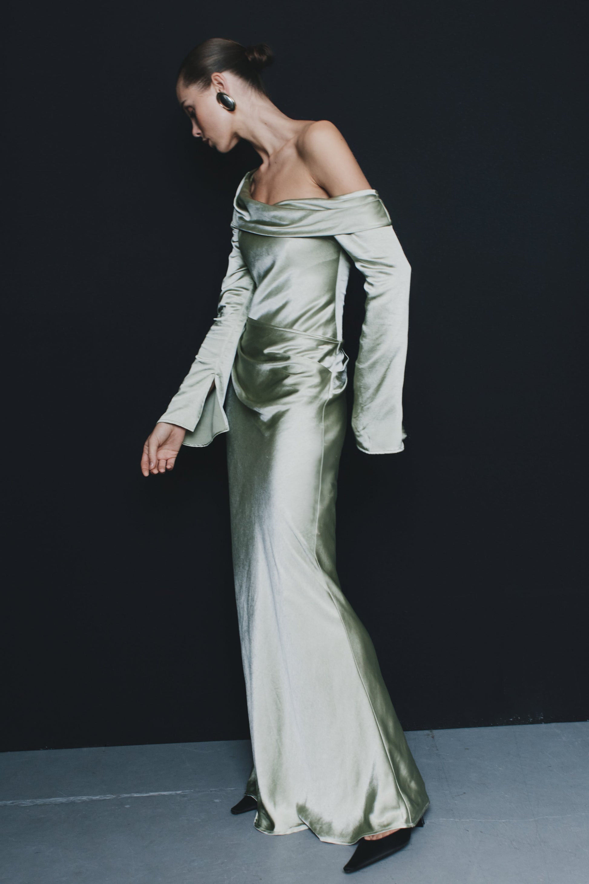 Iris Long Sleeve Satin Maxi Dress - Sage - View 4 | Shop Formal Dress