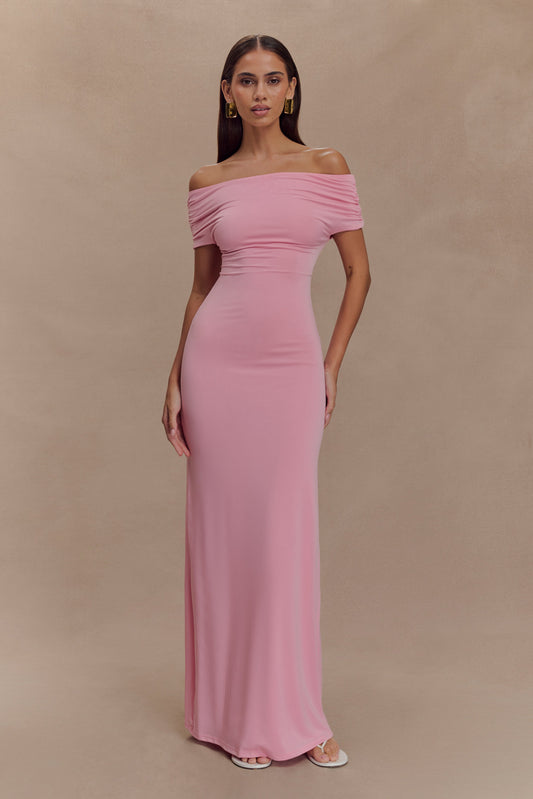 Imogen Off Shoulder Slinky Maxi Dress - Candy Pink - View 1 | Shop Formal Dress