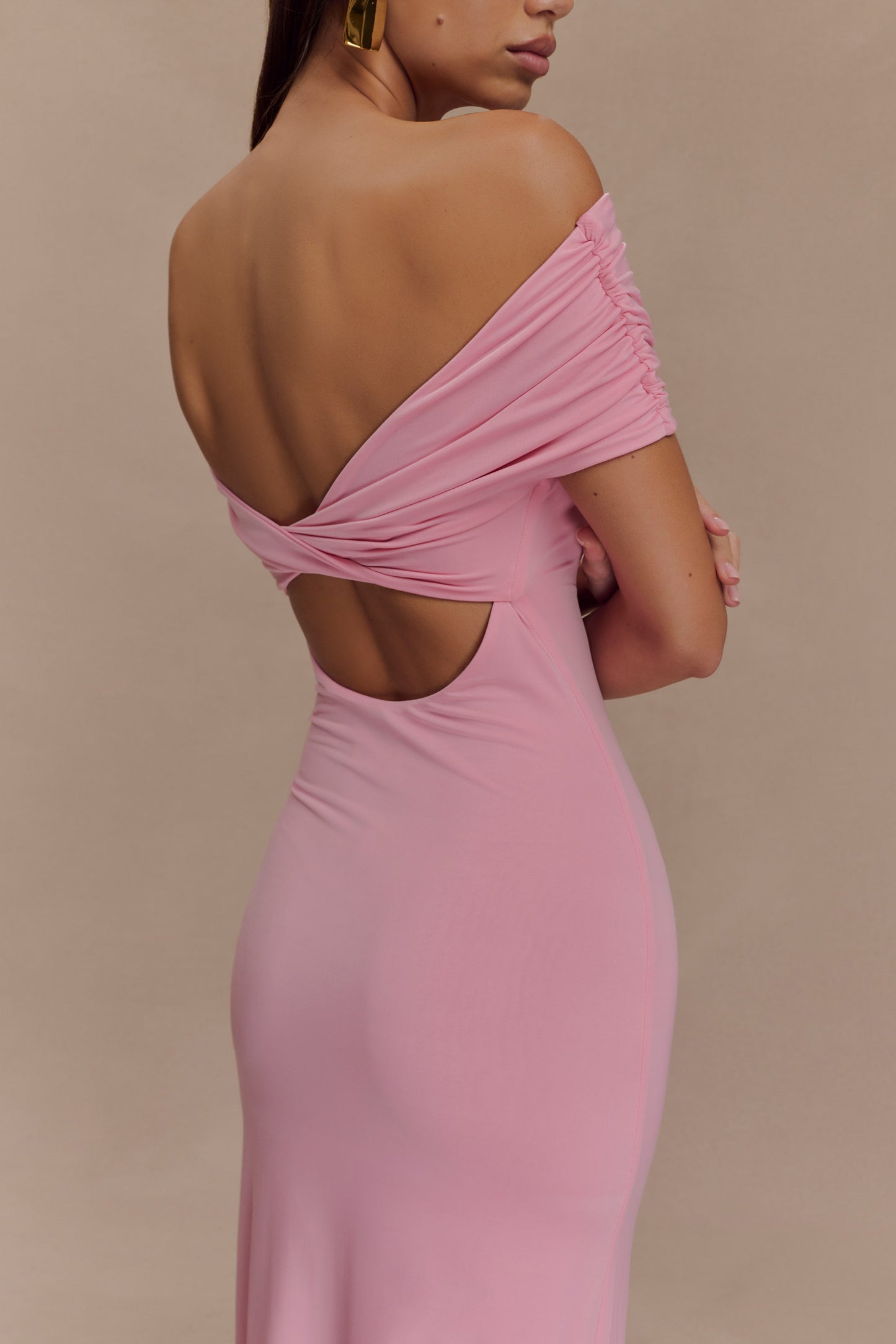 Imogen Off Shoulder Slinky Maxi Dress - Candy Pink