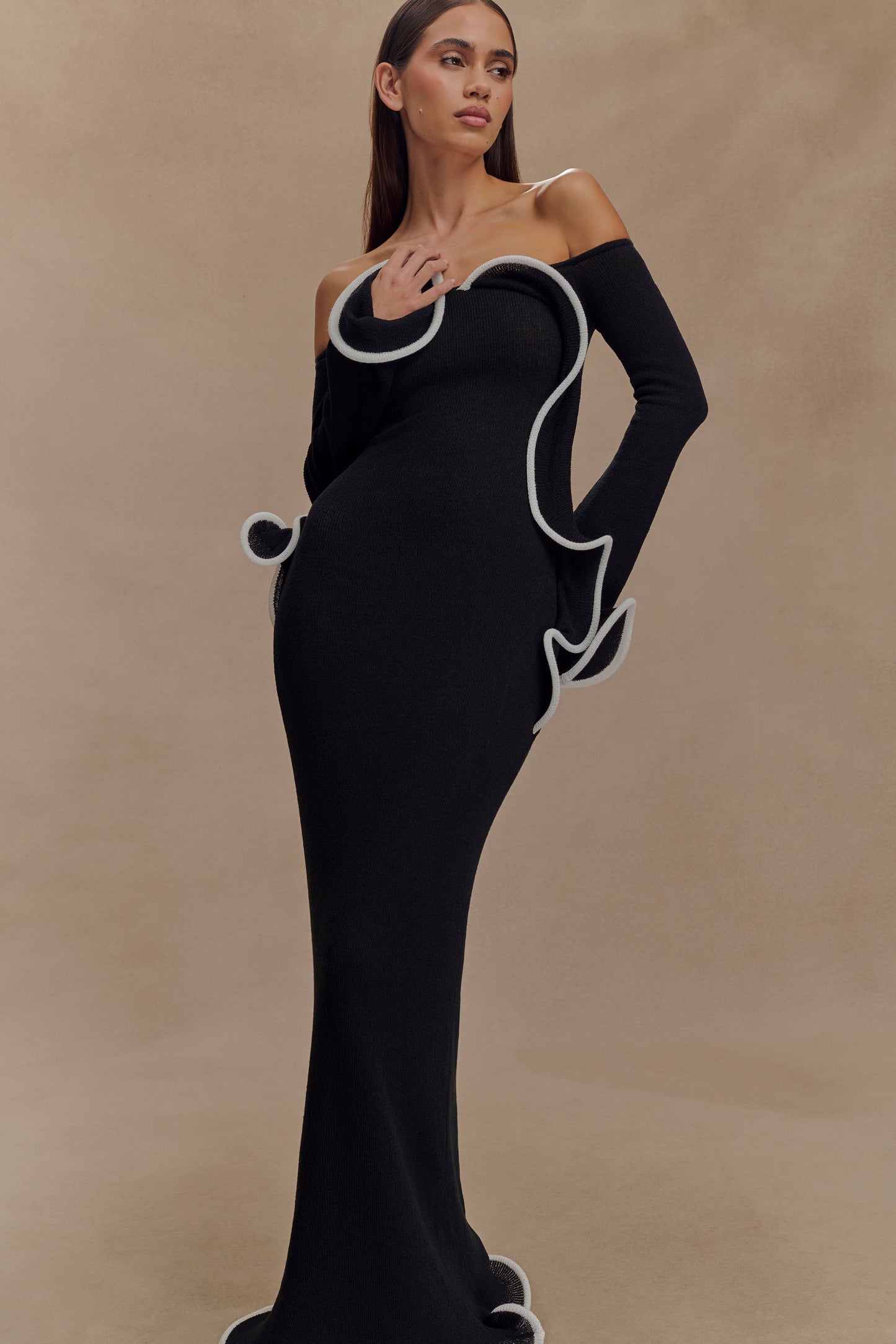 Sandrine Off Shoulder Knit Maxi Dress - Black/White