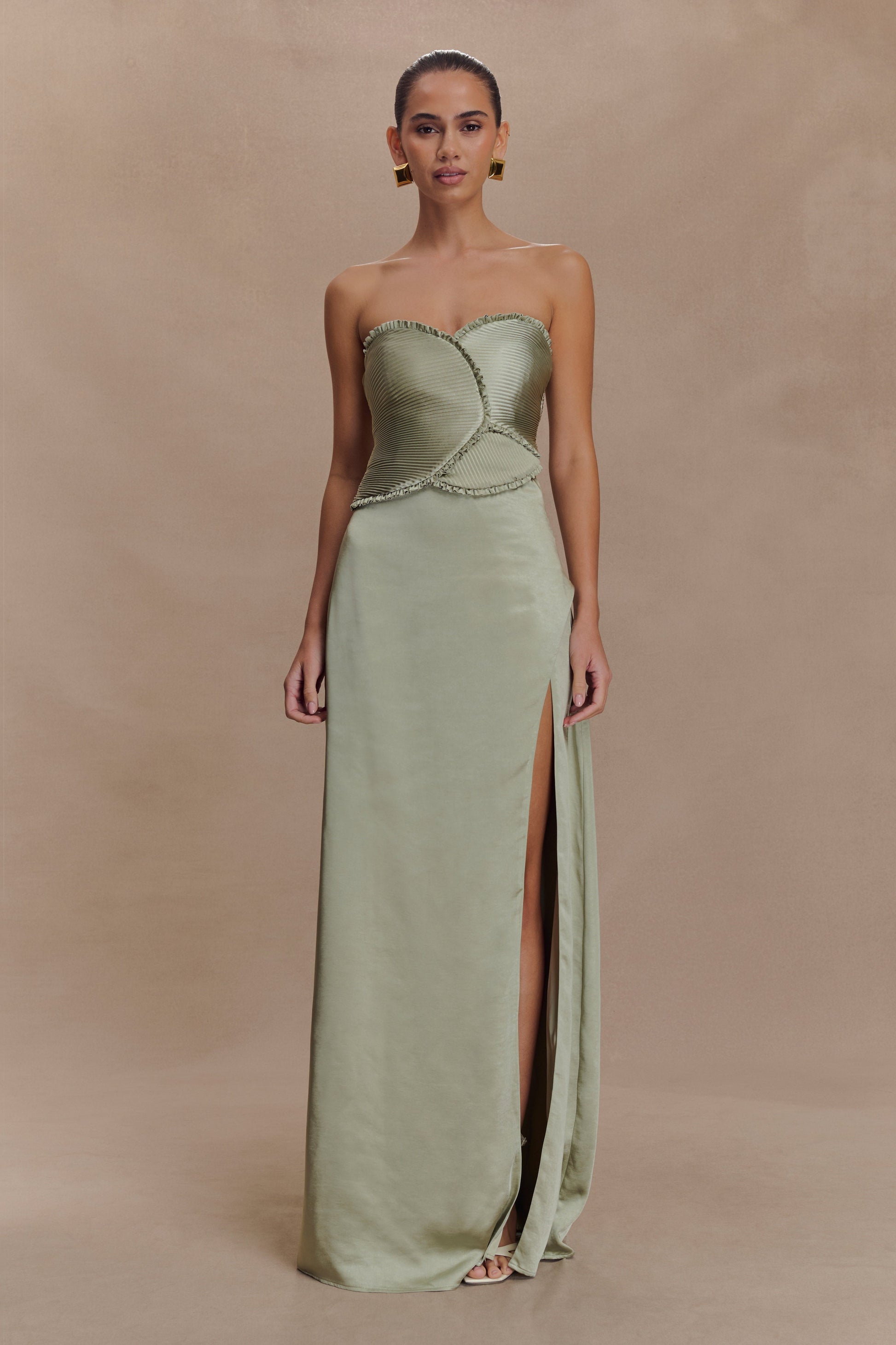 Larissa Satin Maxi Dress With Ruched Petals - Sage - View 2 | Shop Formal Dress
