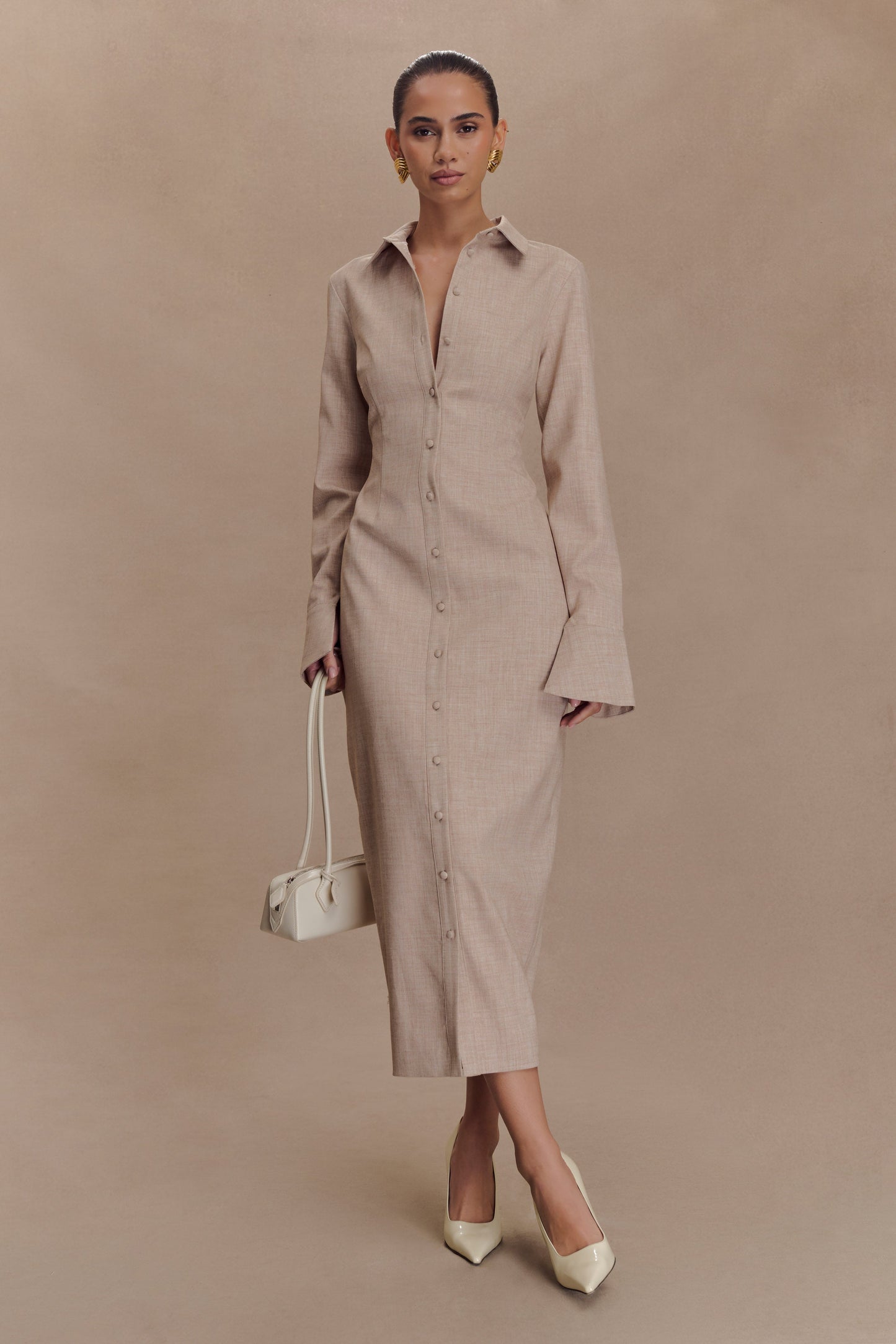 Dorian Fitted Shirt Midi Dress - Wheat Marle