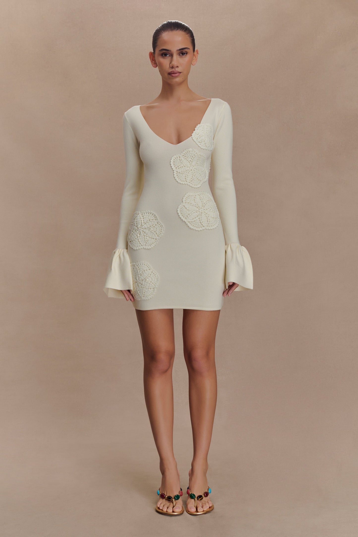 Amari Knit Crochet Knit Mini Dress - Ivory