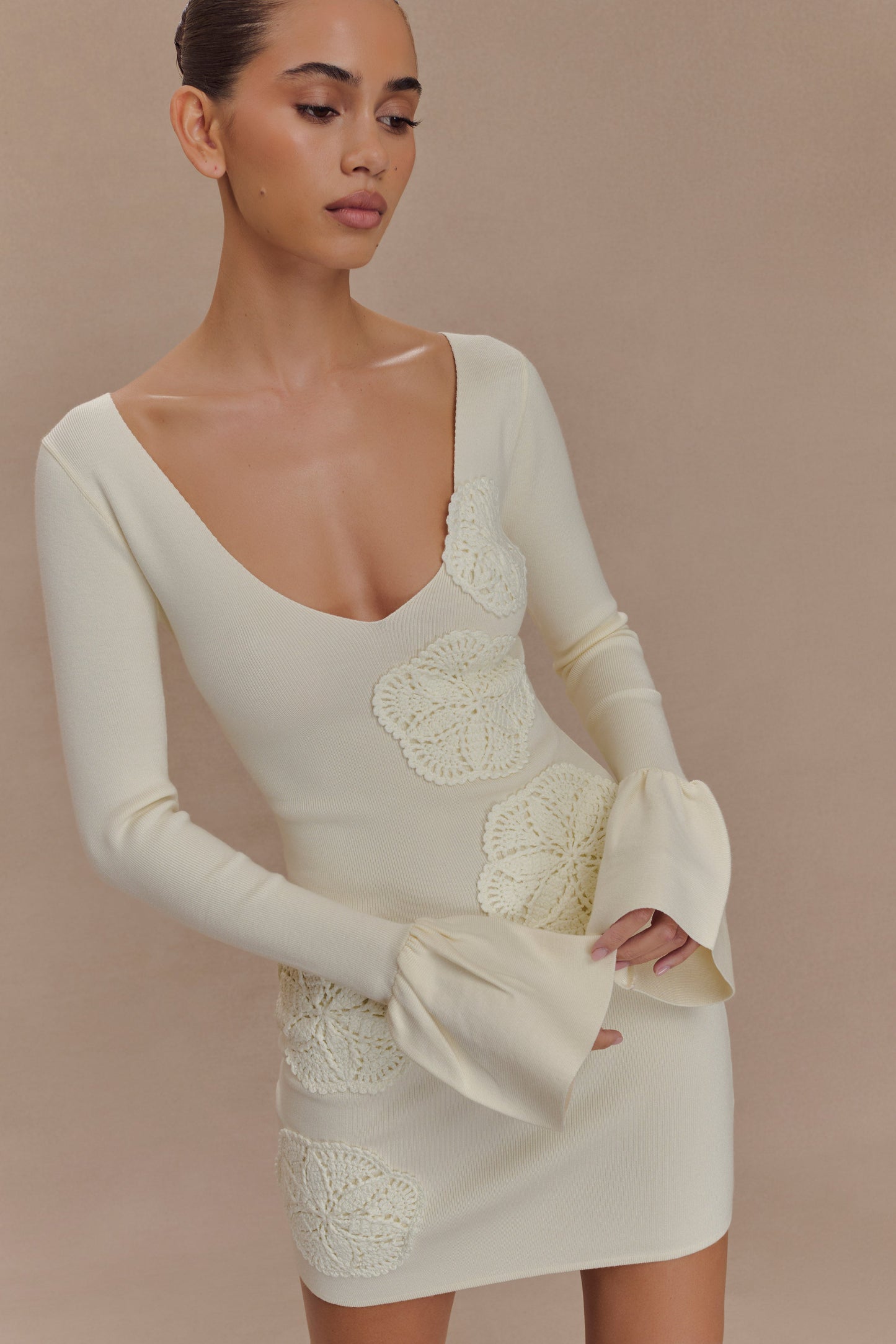 Amari Knit Crochet Knit Mini Dress - Ivory