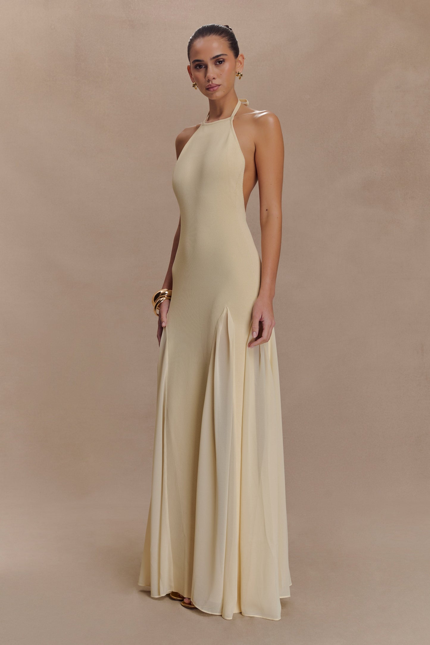 Soleil Knit And Mesh Halter Maxi Dress - Cream