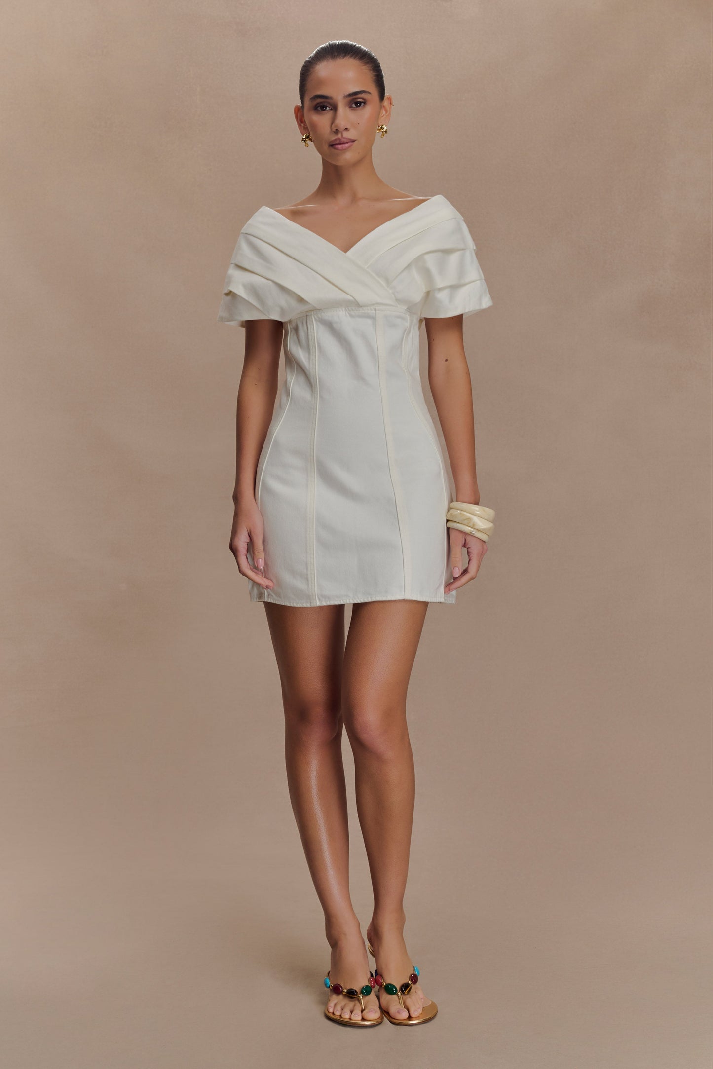 Pascale Off Shoulder Denim Mini Dress - White