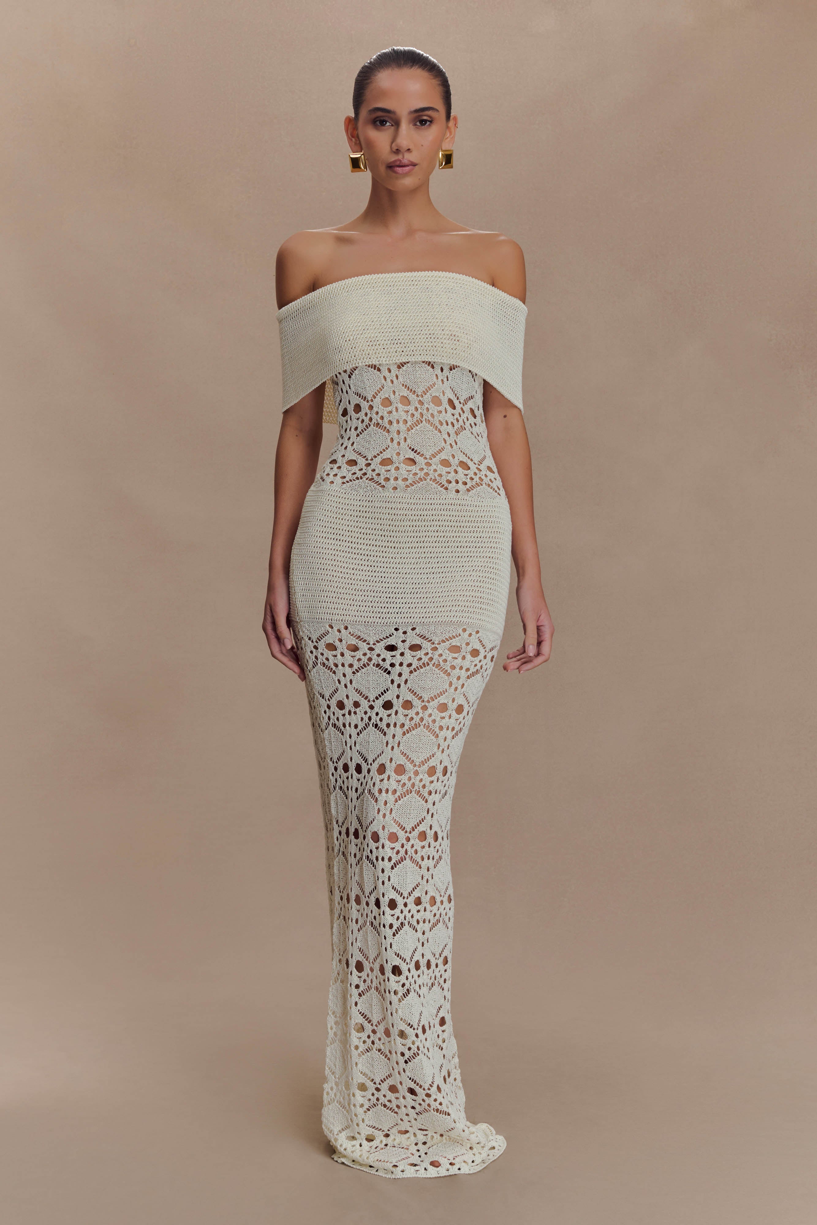 Solstice Off Shoulder Crochet Knit Maxi Dress