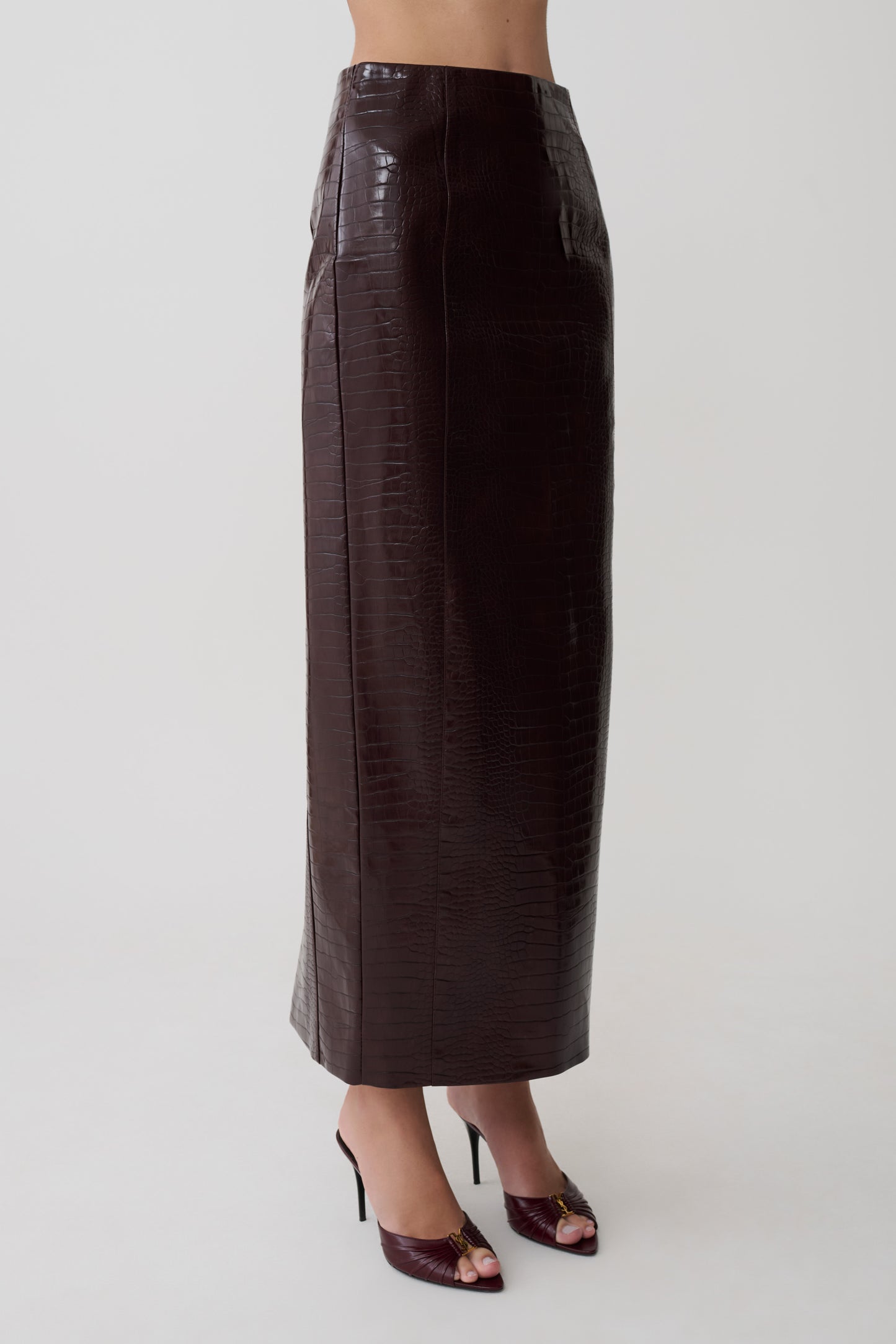 Thalia Croc Faux Leather Midi Skirt - Merlot