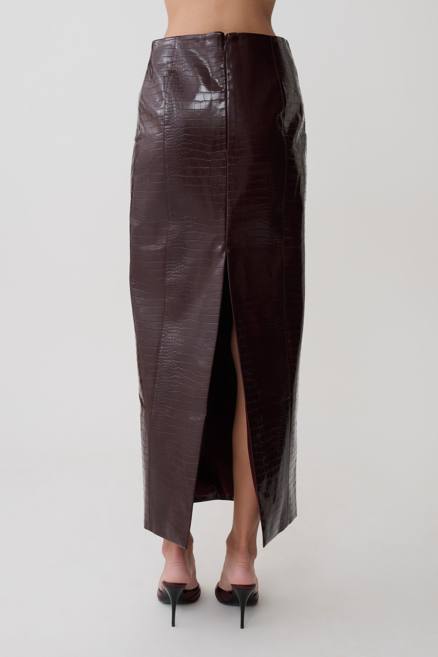 Thalia Croc Faux Leather Midi Skirt - Merlot