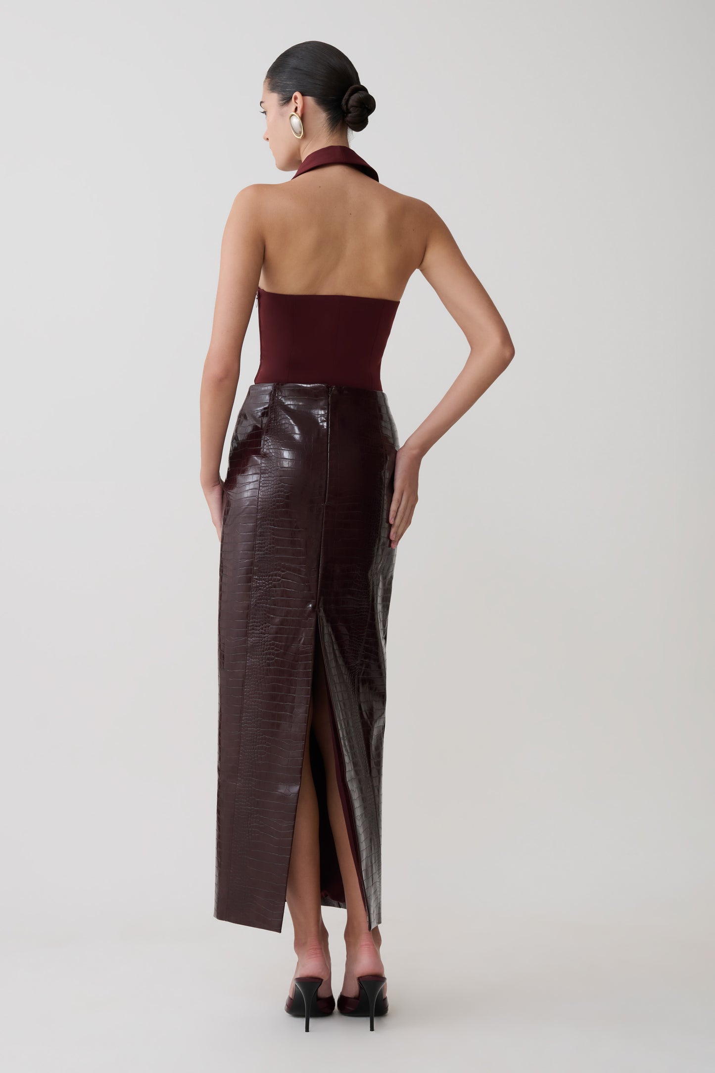 Thalia Croc Faux Leather Midi Skirt - Merlot