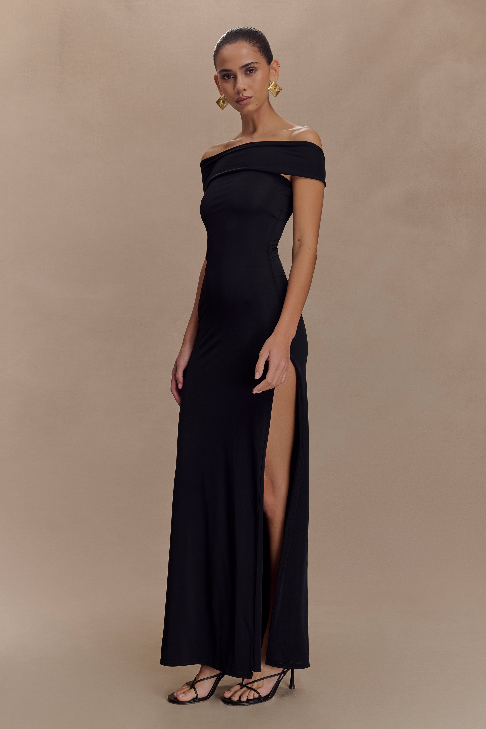 Aurora Slinky And Mesh Split Maxi Dress - Black - View 5 | Shop Formal Dress