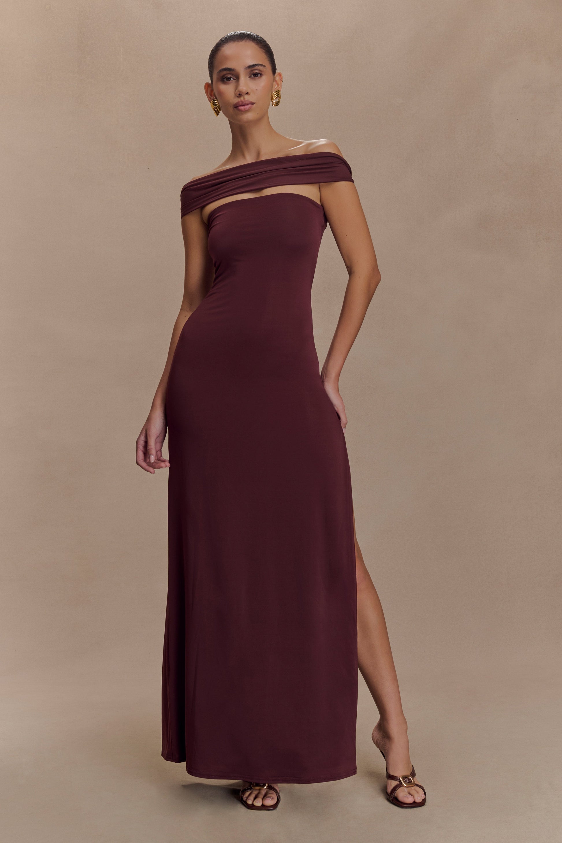 Aurora Slinky And Mesh Split Maxi Dress - Mahogany - View 2 | Shop Formal Dress