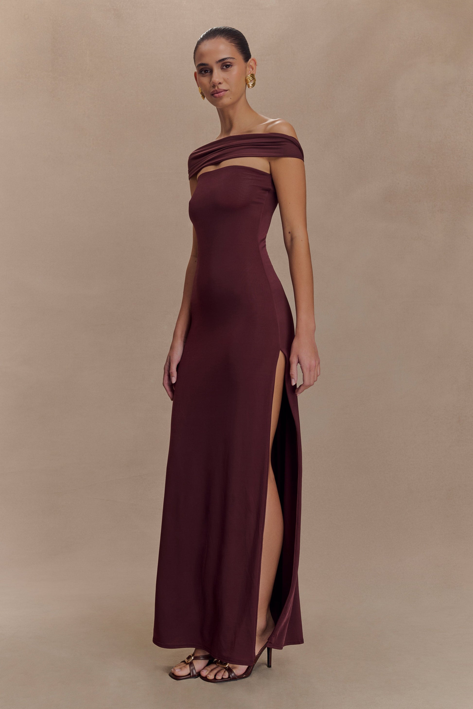 Aurora Slinky And Mesh Split Maxi Dress - Mahogany - View 5 | Shop Formal Dress