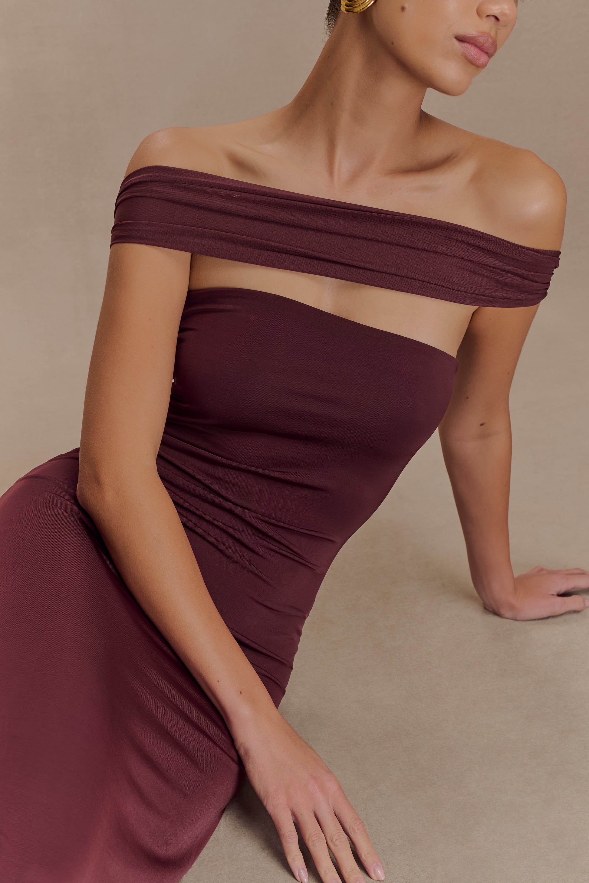 Aurora Slinky And Mesh Split Maxi Dress - Mahogany - View 4 | Shop Formal Dress