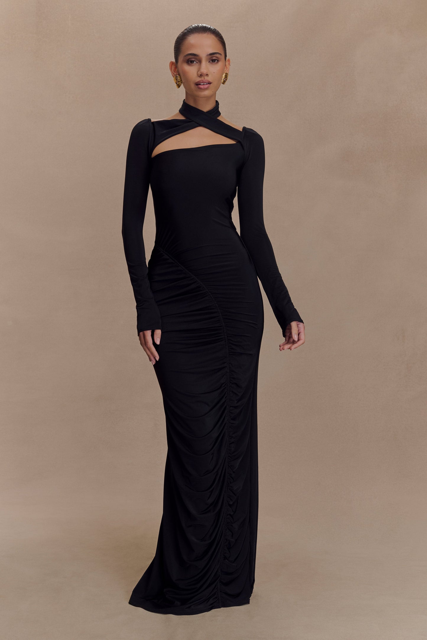 Lyndon Long Sleeve Slinky Maxi Dress - Black