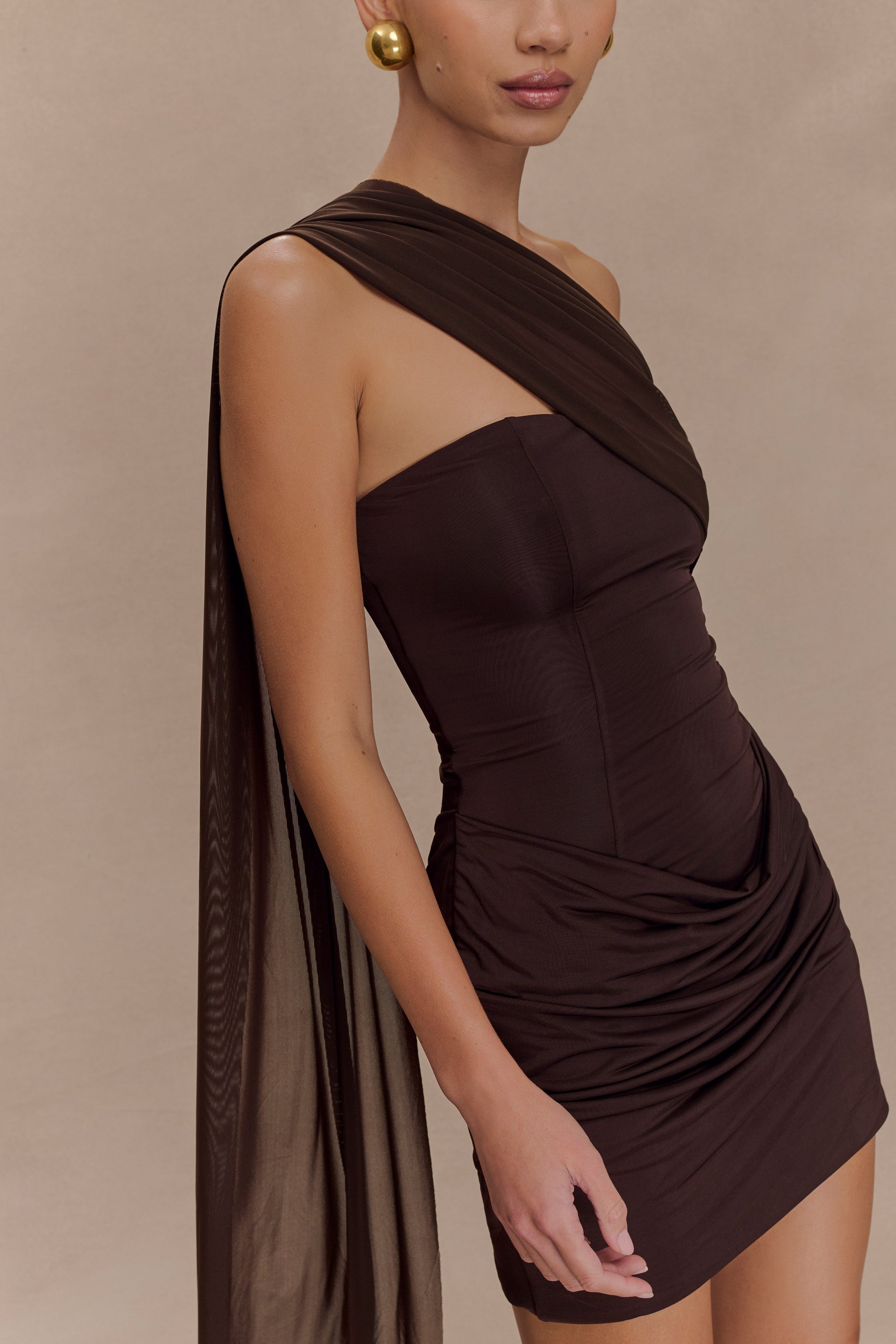 Mattea Slinky And Mesh Mini Dress With Scarf - Dark Chocolate - View 2 | Shop Formal Dress